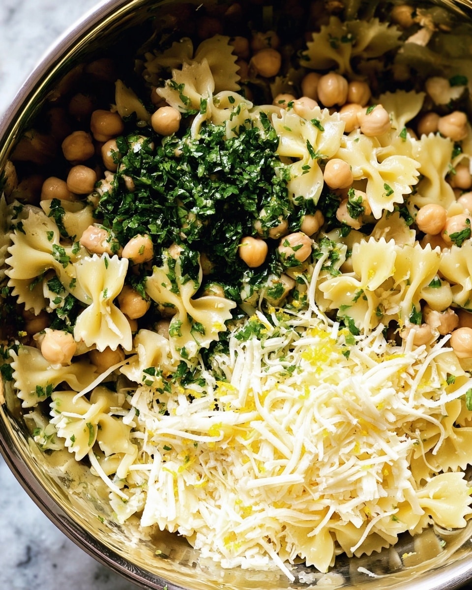 The image shows a close-up of a dish with three main layers mixed together: light yellow bowtie pasta on the bottom, small beige chickpeas scattered throughout, and finely chopped green herbs sprinkled on top. There is also a layer of thin, pale yellow shredded cheese piled on one side, with small bits of bright yellow lemon zest mixed in among the herbs and pasta. The dish is inside a shiny metal bowl, with a texture of white marble visible around the bowl edges. photo taken with an iphone --ar 4:5 --v 7