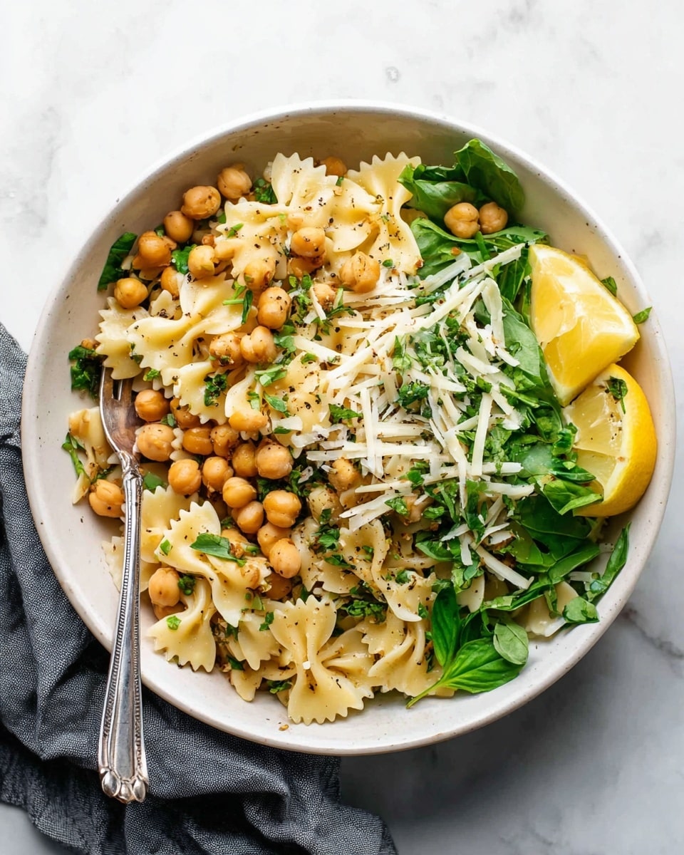 The dish shows a white bowl filled with three main layers: at the bottom, a mix of small pale yellow bow-tie pasta pieces, then a layer of light brown chickpeas scattered evenly, and on top, fresh green herb leaves and chopped greens spread across. In the center is a small pile of shaved white cheese with some black pepper flakes sprinkled around. On the right side of the bowl, two lemon wedges sit neatly together. A silver fork leans on the left side of the bowl, with a woman's hand partially holding it. The bowl rests on a white marbled surface with a gray cloth placed nearby. photo taken with an iphone --ar 4:5 --v 7