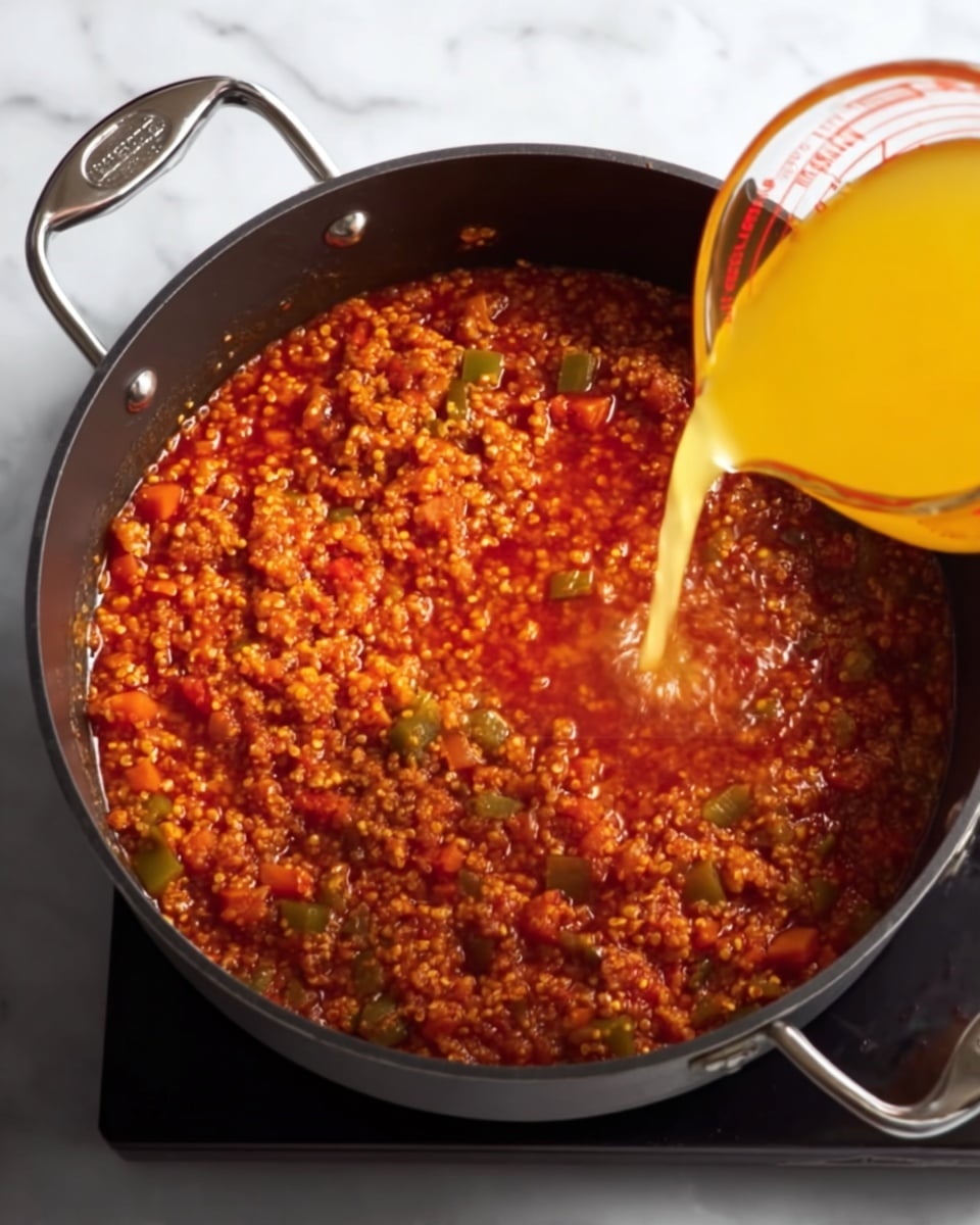 A large black pot with silver handles sits on a black stovetop over a white marbled surface. Inside the pot is a thick, chunky red-orange mixture containing small grains and visible pieces of green and orange vegetables evenly spread throughout. At the front right, a woman's hand holds a clear glass container pouring bright yellow-orange liquid into the pot near the edge, creating a small splash. The entire scene is lit naturally with minimal shadows, focusing clearly on the pot's textured contents. photo taken with an iphone --ar 4:5 --v 7
