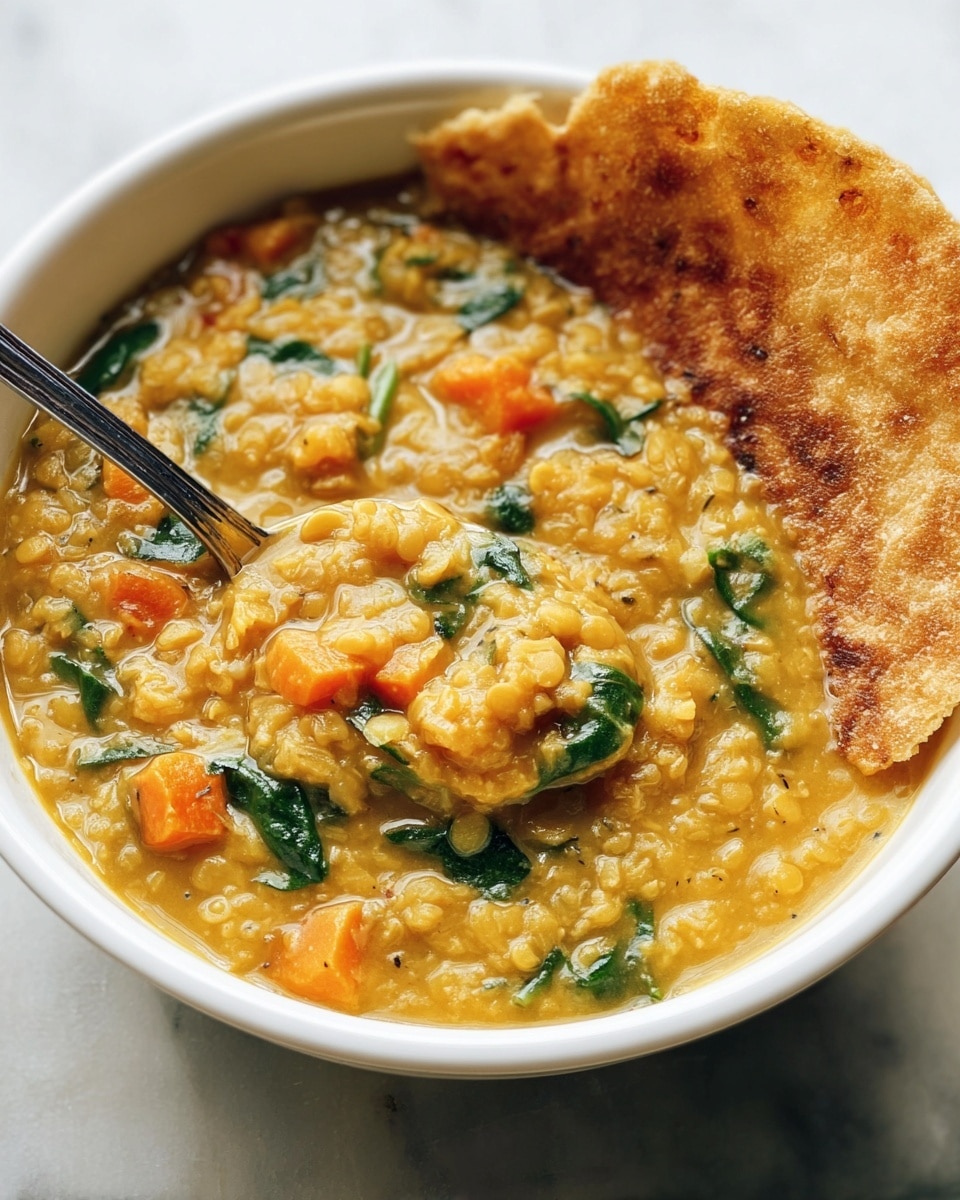 A white bowl filled with thick, golden-yellow lentil stew that has visible chunks of bright orange carrots and dark green spinach leaves mixed throughout. The stew has a creamy texture with a spoon resting in it, showing a scoop of the mixture. On the right side inside the bowl, there is a large, light golden-brown crispy piece that looks like a fried bread or cracker resting partly in the stew. The bowl is placed on a white marbled surface. photo taken with an iphone --ar 4:5 --v 7