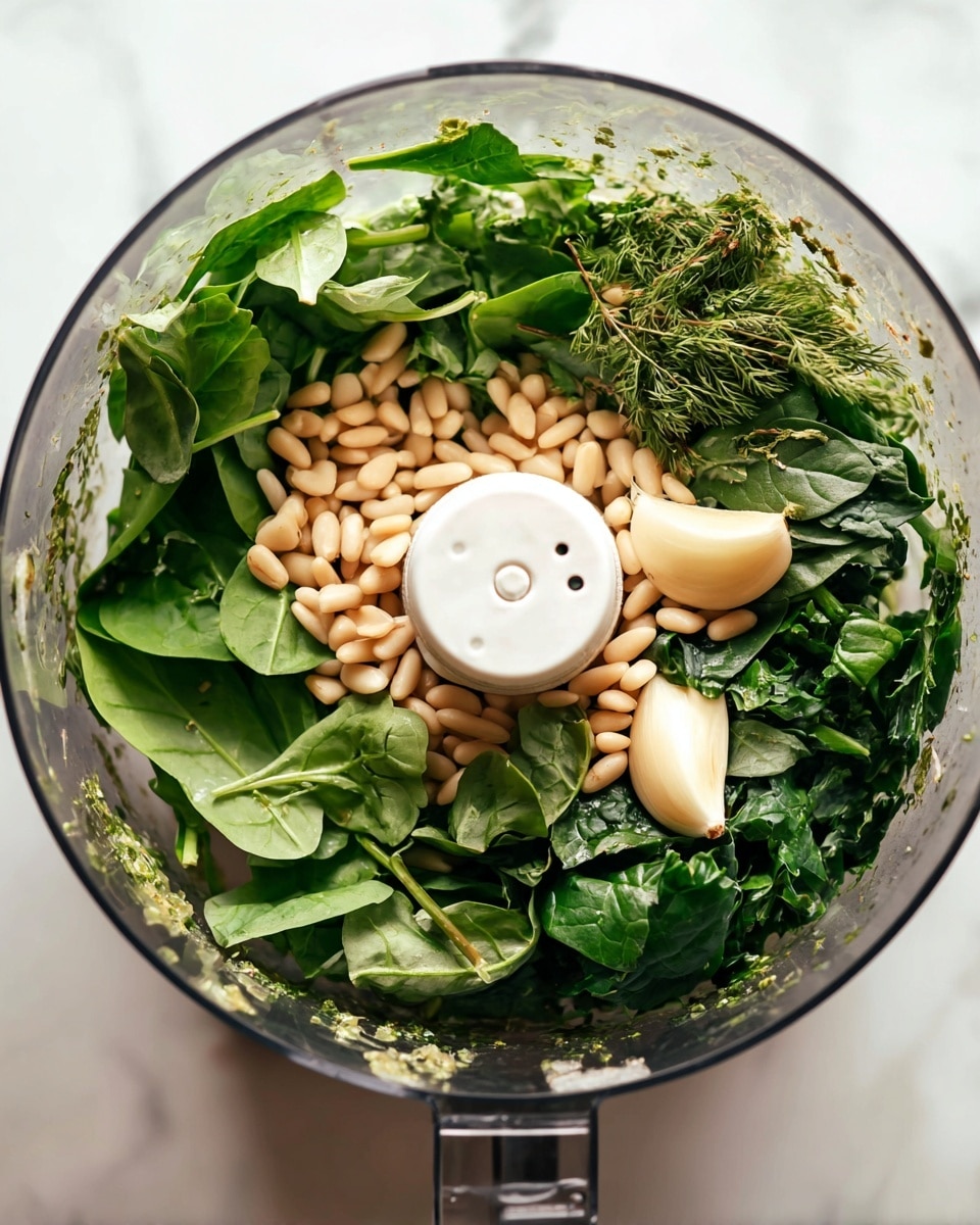 Inside a clear food processor bowl, there are layers of fresh green leaves and herbs including spinach and carrot greens arranged around a center white blade part. On top of these greens, a layer of pale beige pine nuts is scattered evenly, with two whole garlic cloves resting on the pine nuts toward the center. The glass bowl sits on a white marbled surface, capturing a fresh and natural ingredient mix ready for blending. Photo taken with an iphone --ar 4:5 --v 7