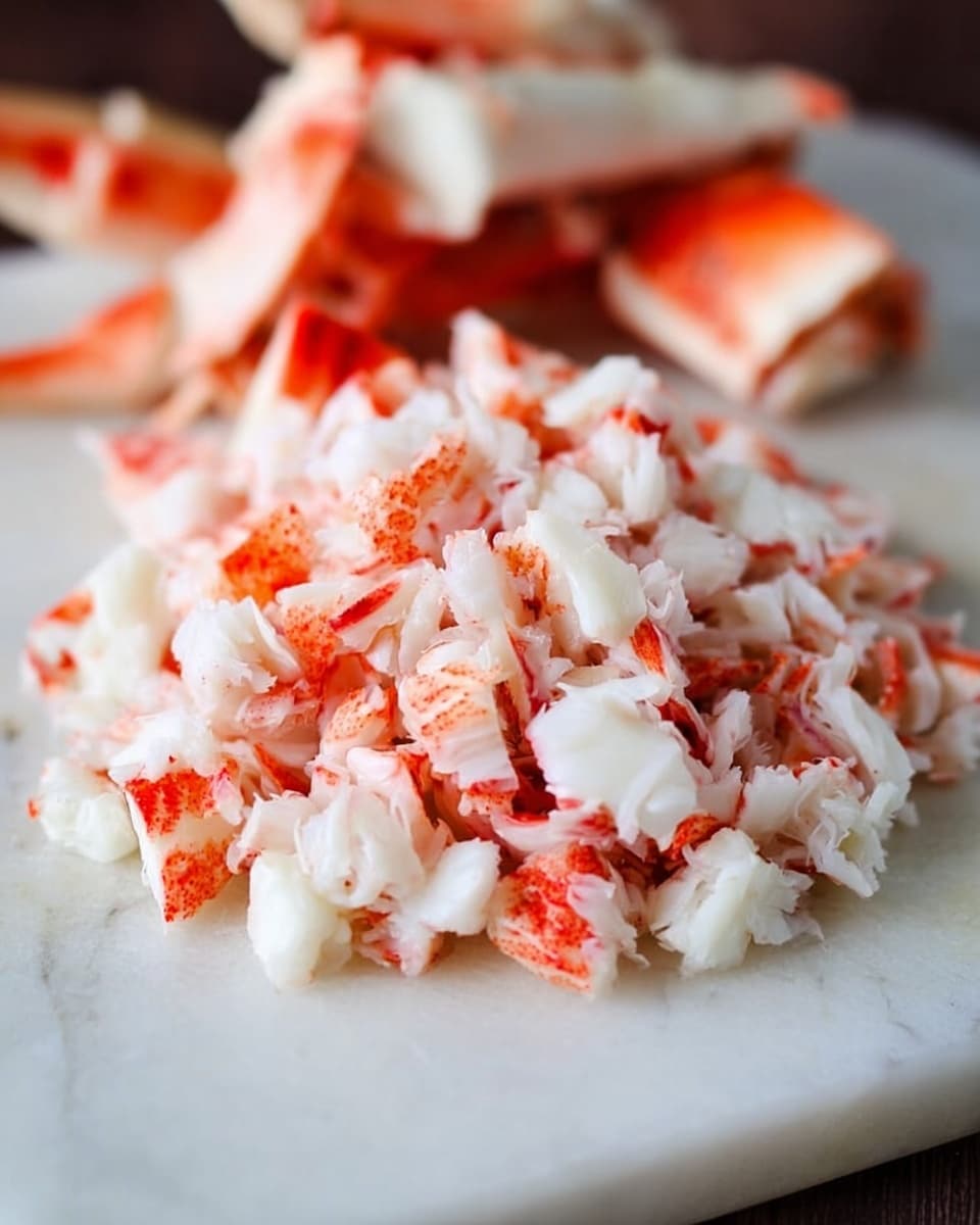 The image shows small, finely chopped pieces of white and orange crab meat piled on the bottom half of a white cutting board that sits atop a white marbled surface. In the upper part of the cutting board, there are larger chunks of crab meat with a mix of white and bright orange colors, slightly blurred in the background. The texture of the crab meat pieces is soft and moist, with the white and orange colors contrasting clearly. The overall scene gives a fresh and clean feeling. Photo taken with an iphone --ar 4:5 --v 7