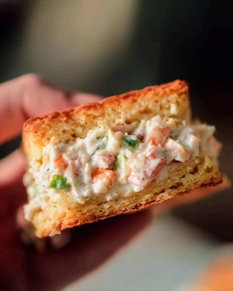 A close-up image of a small sandwich held by a woman's hand, showing two layers of golden-brown toasted biscuit with a soft, creamy filling in between. The filling is white with visible small pieces of orange and green, likely vegetables or seafood, giving it a rich and chunky texture. The background is blurred, highlighting the sandwich's crisp edges and moist filling. photo taken with an iphone --ar 4:5 --v 7