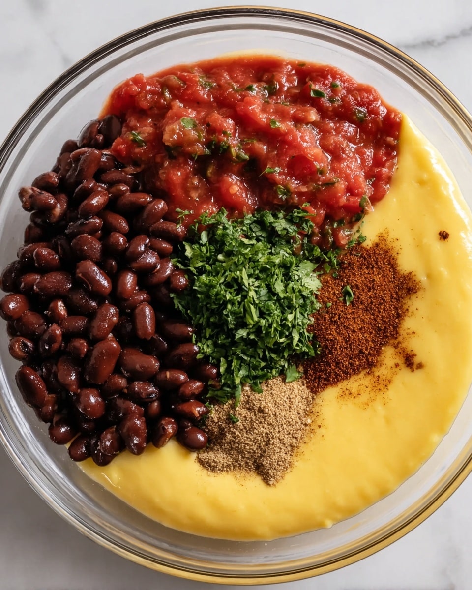 A clear glass bowl contains four layers of ingredients arranged separately: on the top left are shiny, dark brown beans with a soft texture; on the top right is a chunky, bright red salsa with bits of green herbs; below the beans and salsa is a smooth, creamy yellow cheese sauce spread evenly; to the right of the cheese sauce is a small pile of finely chopped fresh green cilantro, and next to that is a pile of brown ground spice. The bowl is placed on a white marbled surface. photo taken with an iphone --ar 4:5 --v 7