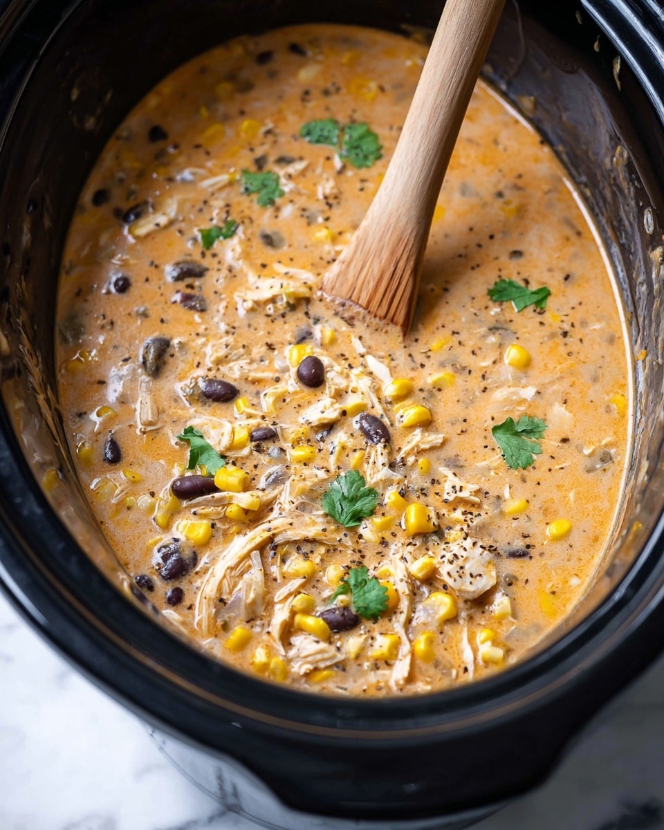 The image shows a close-up of a creamy soup or stew inside a black slow cooker. The soup has a thick, light orange base mixed with visible pieces of yellow corn, black beans, and shredded white chicken scattered throughout. Small fresh green herbs, likely cilantro, are sprinkled on top, along with a light dusting of ground black pepper. A wooden spoon is partially dipped into the soup, resting on the right side of the cooker. The whole scene is set against a white marbled texture. photo taken with an iphone --ar 4:5 --v 7