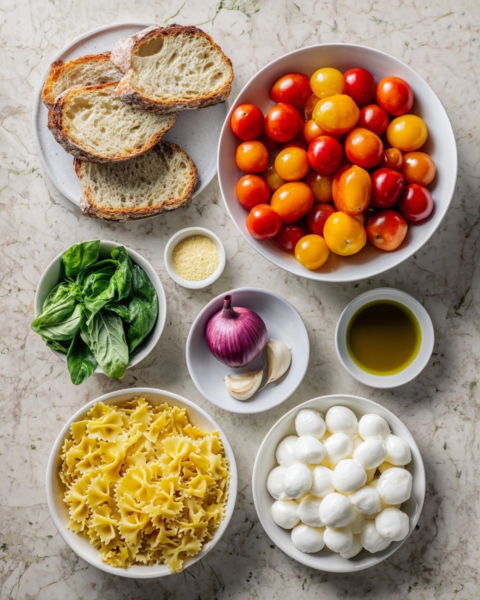 The image shows several white bowls and plates arranged on a white marbled surface. At the top right, a white bowl is full of round, red and yellow cherry tomatoes. Next to it on the left, a white plate holds two slices of bread with a crispy crust and a soft, airy inside. Below the tomatoes, a small bowl contains fresh green basil leaves. Centered is a small plate with a purple shallot and three peeled garlic cloves. To the left, a large white bowl is filled with uncooked farfalle pasta in a bright yellow color. Below the garlic, a tiny white bowl holds a light yellow powder, likely seasoning. Next to it on the left, two more small white bowls contain a dark amber liquid and olive oil with herbs, respectively. At the bottom right is a white bowl filled with small, round white mozzarella balls. The overall scene is bright and clean with an organized look. photo taken with an iphone --ar 4:5 --v 7
