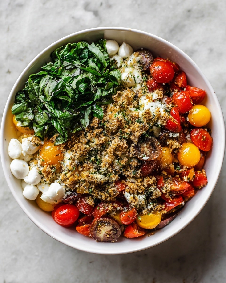 A white bowl holds a colorful layered salad on a white marbled surface. The bottom layer is red and yellow cherry tomatoes, some whole and some sliced, mixed with a few small white mozzarella balls. On top of the tomatoes is a layer of chopped fresh dark green basil leaves, sitting on one side. The center shows a thick layer of light brown toasted bread crumbs mixed with small bits of black pepper and herbs, creating a crunchy texture. Some finely chopped white onions and garlic are also sprinkled over the bread crumbs. The bowl's contents create a fresh and textured look with bright reds, greens, whites, and browns. Photo taken with an iphone --ar 4:5 --v 7