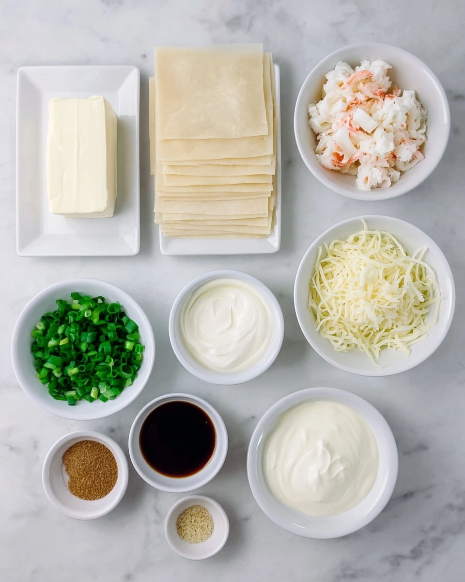 The image shows several white bowls and a white plate arranged on a white marbled surface, each containing different ingredients. On the left, a white plate holds a rectangular block of cream cheese, smooth and pale in color. Below it are multiple square sheets of light beige pastry wrappers stacked neatly. Moving right, a white bowl contains finely chopped imitation crab meat, mostly white with some orange bits. Next to it, another white bowl holds shredded mozzarella cheese, soft and pale yellow. Below these, a small white bowl is filled with bright green chopped scallions. To the right, a white bowl is filled with a smooth, thick white sauce, likely mayonnaise or sour cream. At the bottom, three small white bowls contain dark soy sauce, light brown sugar granules, and finely minced garlic, arranged from left to right. The setup is clean and organized, with a clear focus on the individual ingredients. photo taken with an iphone --ar 4:5 --v 7