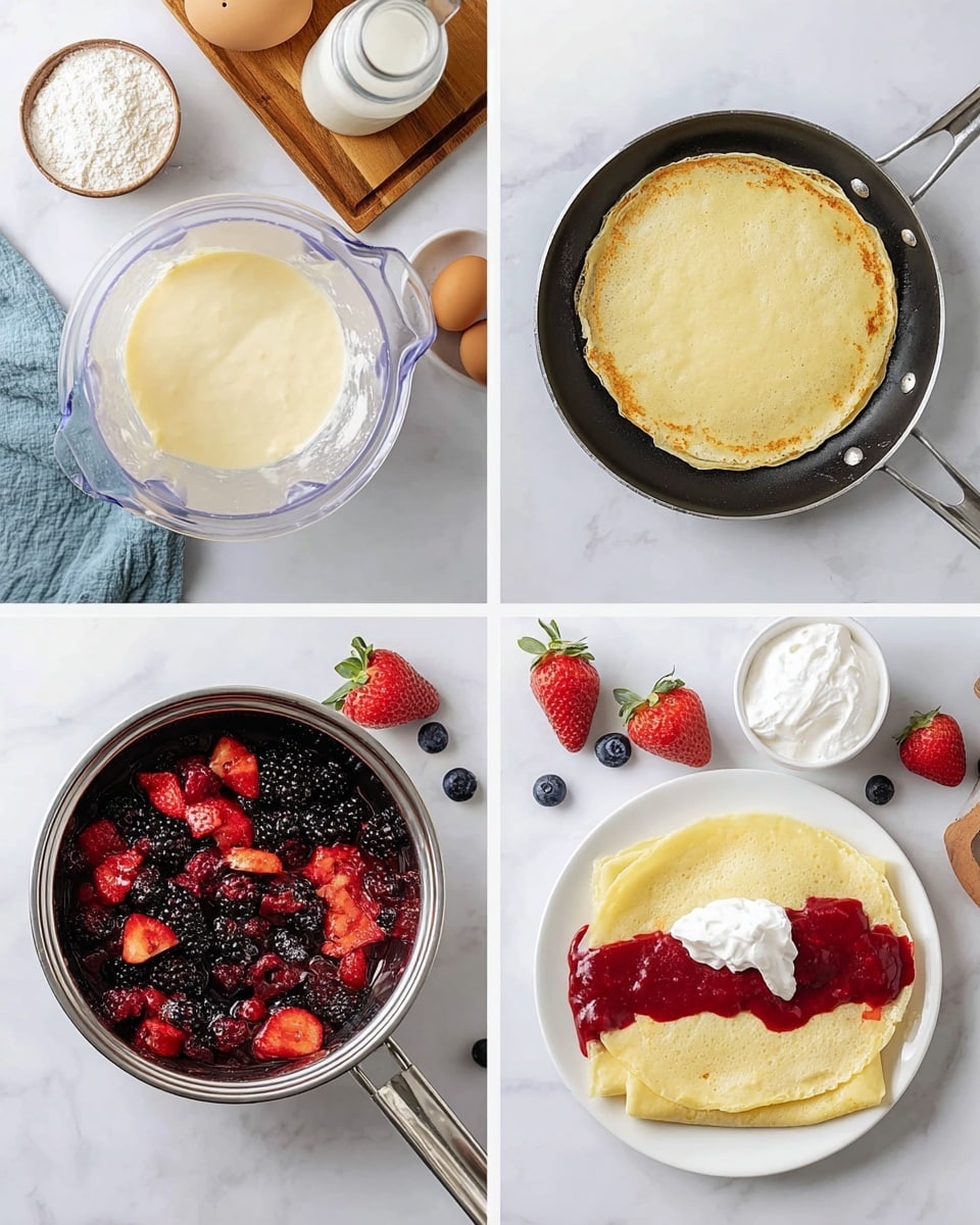 The image shows four steps of making berry crepes on a white marbled surface. The first step has a clear blender container filled with pale yellow crepe batter, next to a wooden board holding an egg, a small bowl of flour, and a glass bottle of milk. The second step features a round, light golden crepe cooking evenly in a black pan on the white marbled surface. The third step shows a silver pan filled with a mix of berries cooked into a red syrup, with strawberries, raspberries, blackberries, and blueberries visible. The fourth step presents a single pale yellow crepe laid flat on a white plate, with a straight line of white whipped cream in the middle topped with a thick line of bright red berry sauce and whole berries. Around the plate, fresh berries and a small bowl of whipped cream sit on the white marbled surface with a light blue cloth nearby. Photo taken with an iphone --ar 4:5 --v 7