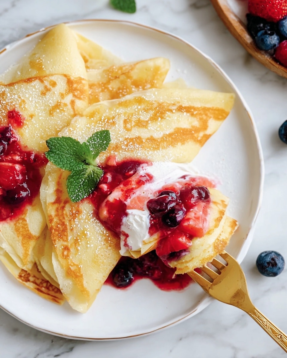 The image shows a white plate with a thin golden crepe folded into four parts. The crepe is light yellow with some golden-brown spots and a soft texture. One piece, held by a golden fork on the right side of the plate, reveals layers inside: a thick white creamy filling and a bright red berry sauce with visible chunks of berries like strawberries and blueberries. The red sauce slightly spreads across the plate, mixing with some white cream. There is a small fresh green mint leaf placed on top of one folded crepe. The plate sits on a white marbled surface with fresh berries scattered around. Photo taken with an iphone --ar 4:5 --v 7