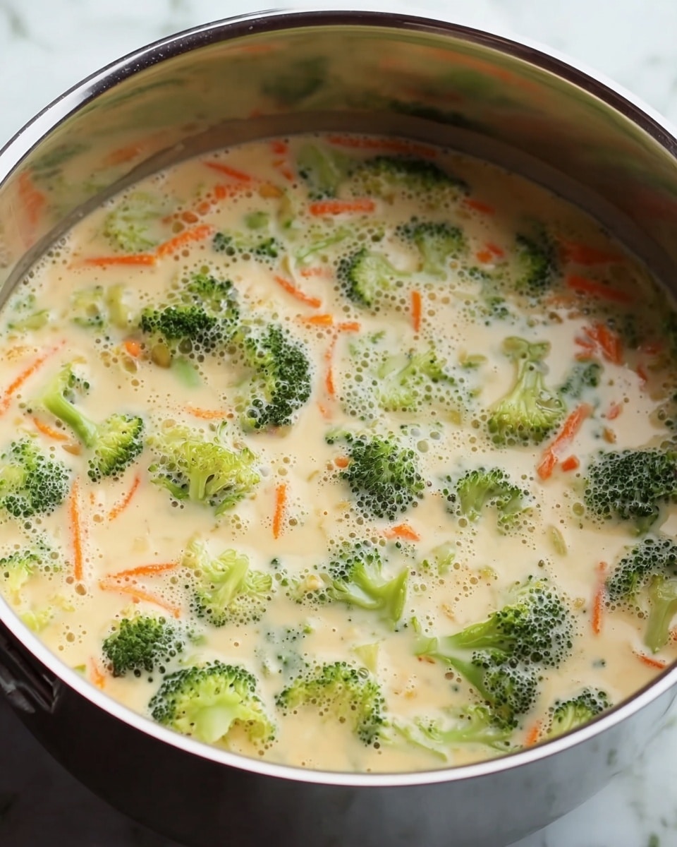 A stainless steel pot filled with a creamy soup showing two main layers: a light beige creamy broth with small bubbles covering the surface, and bright green broccoli florets spaced evenly throughout the soup with thin orange carrot strips mixed in. The broccoli pieces and carrot strips float visibly on top of and within the creamy broth, giving the soup a textured and colorful appearance. The background visible at the edge of the pot is a white marbled texture. Photo taken with an iphone --ar 4:5 --v 7