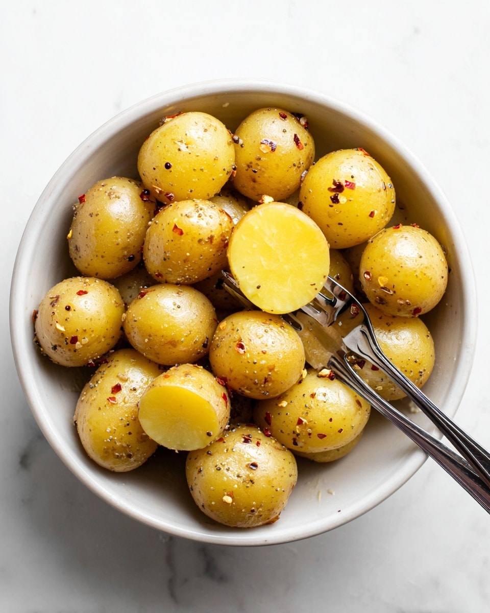 A white bowl filled with about fifteen small yellow potatoes, some whole and some cut in half to show a bright yellow inside. The potatoes are sprinkled with black pepper and red chili flakes, giving small black and red spots on their smooth skins. A silver fork and knife rest in the bowl with the fork spearing one cut potato near the center. The bowl sits on a white marbled surface, and the lighting makes the potatoes look shiny and fresh. photo taken with an iphone --ar 4:5 --v 7