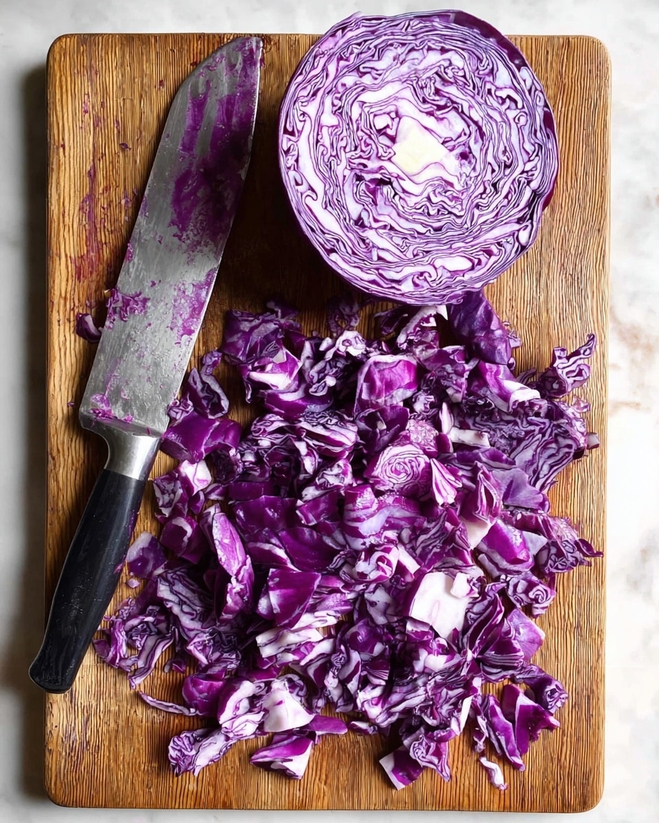 The image shows a wooden cutting board with one half of a purple cabbage on the top right. The cabbage is bright purple with white veins and smooth, round layers. Below and next to the cabbage half, there are many chopped pieces of purple cabbage, showing a mix of flat, curly, and jagged shapes with deep purple and white edges. A silver knife with a black handle lies diagonally on the top left of the board, with some purple cabbage residue on the blade. The whole scene is set against a white marbled surface. photo taken with an iphone --ar 4:5 --v 7