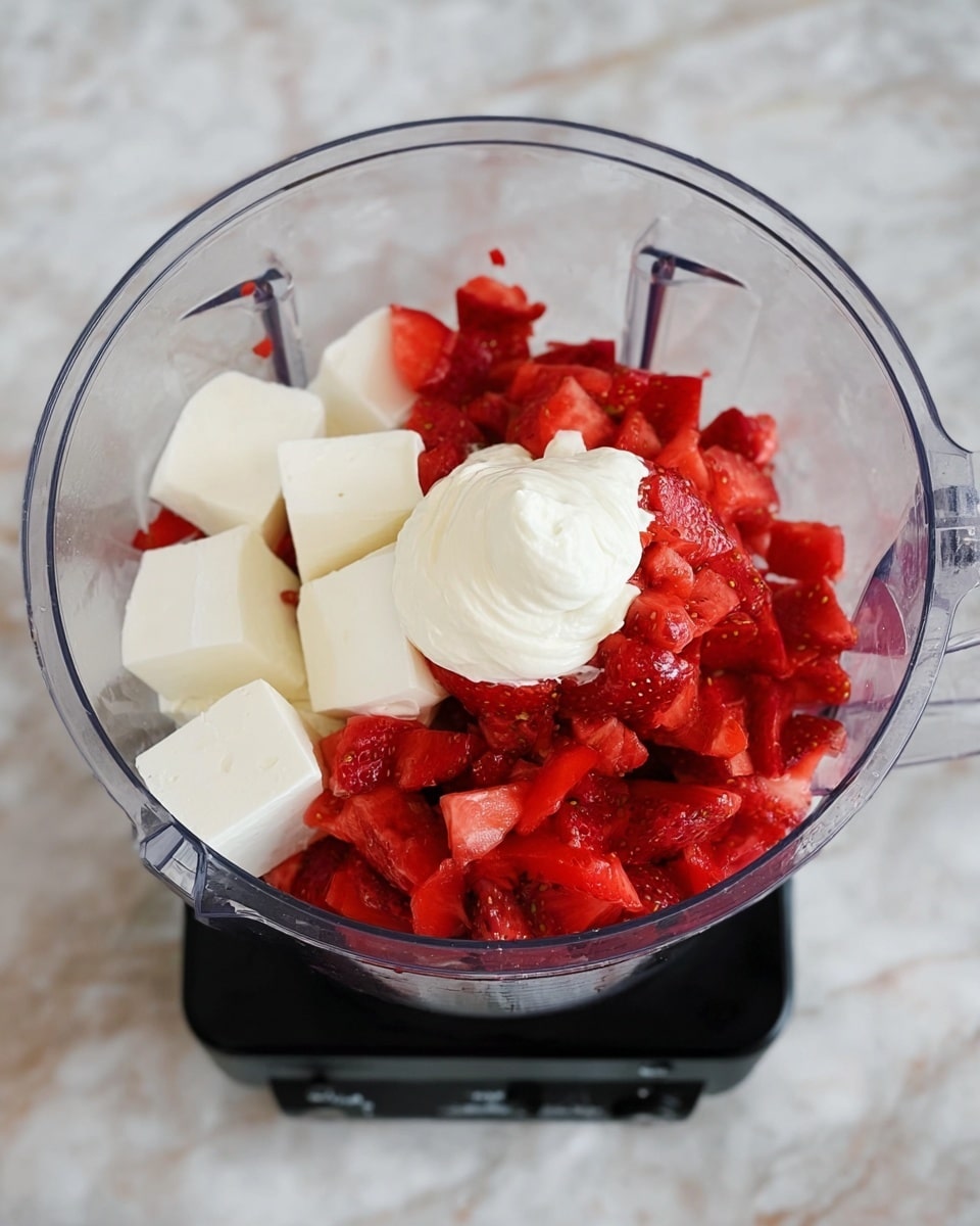The image shows a clear food processor bowl with three main layers inside. The bottom layer consists of thick white cubes that look soft and spongy. The middle layer is a pile of bright red chopped pieces with a slightly shiny, juicy texture and small seeds visible. On top, there is a dollop of smooth and creamy white substance sitting on the red pieces. The food processor bowl is placed on a black base, and the background is a white marbled surface. photo taken with an iphone --ar 4:5 --v 7