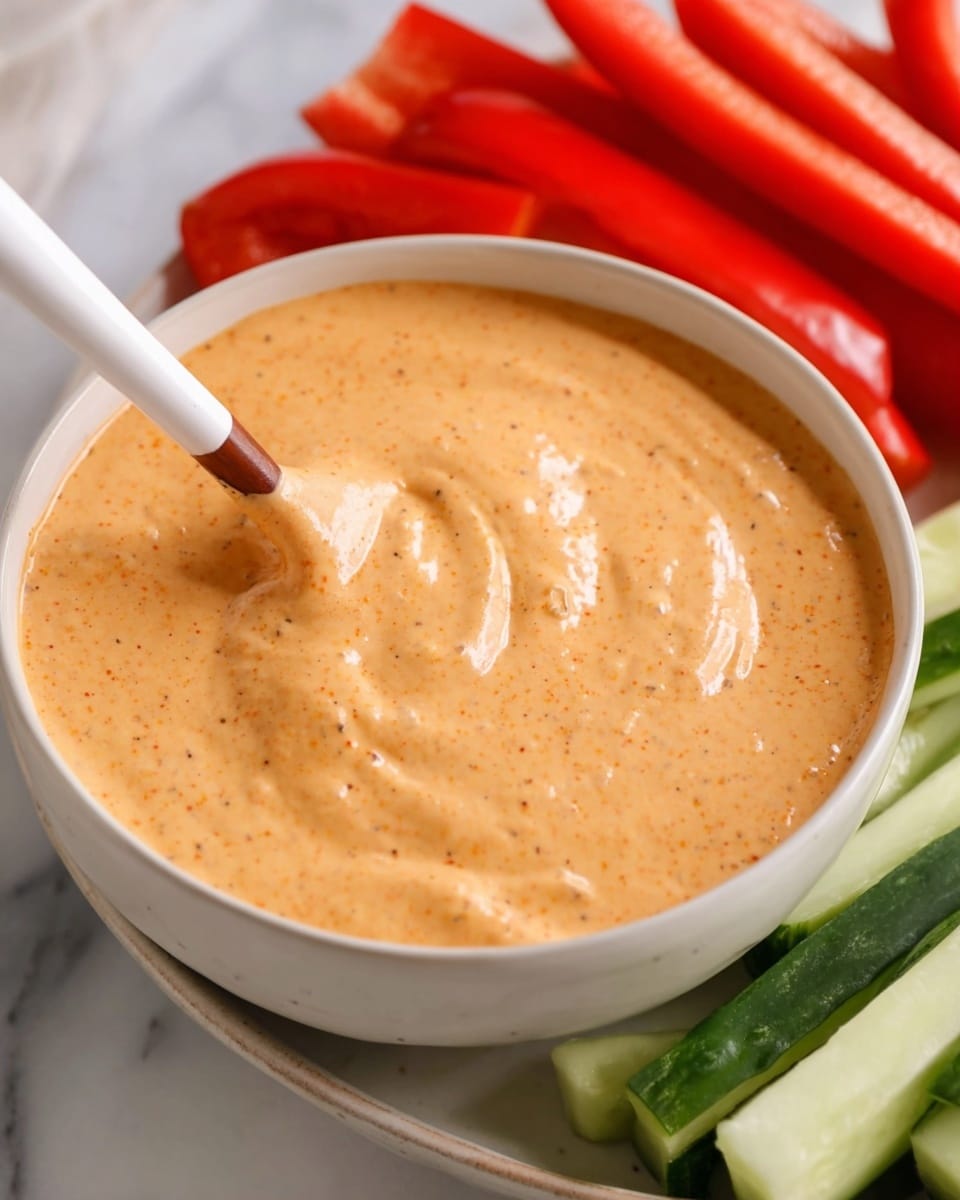 A close-up view of a white bowl filled with smooth, creamy orange dip with tiny specks for texture, a white spoon with a brown tip scooping into the dip creating a soft swirl and deeper spot. Behind the bowl, there are long, thin slices of red bell pepper on the left side and long, green cucumber sticks on the right side, all resting on a white marbled surface. Photo taken with an iphone --ar 4:5 --v 7