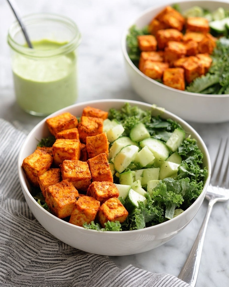 A white bowl filled with two main layers: on one side, bright orange crispy tofu cubes stacked closely together, and on the other side, fresh green kale leaves mixed with light green celery chunks and cucumber pieces. In the background, there is a stack of similar white bowls with the same contents, and next to them is a small clear jar filled with a light green creamy dressing, with a spoon inside. The whole scene is set on a white marbled surface with a striped cloth and silver fork on the side. photo taken with an iphone --ar 4:5 --v 7