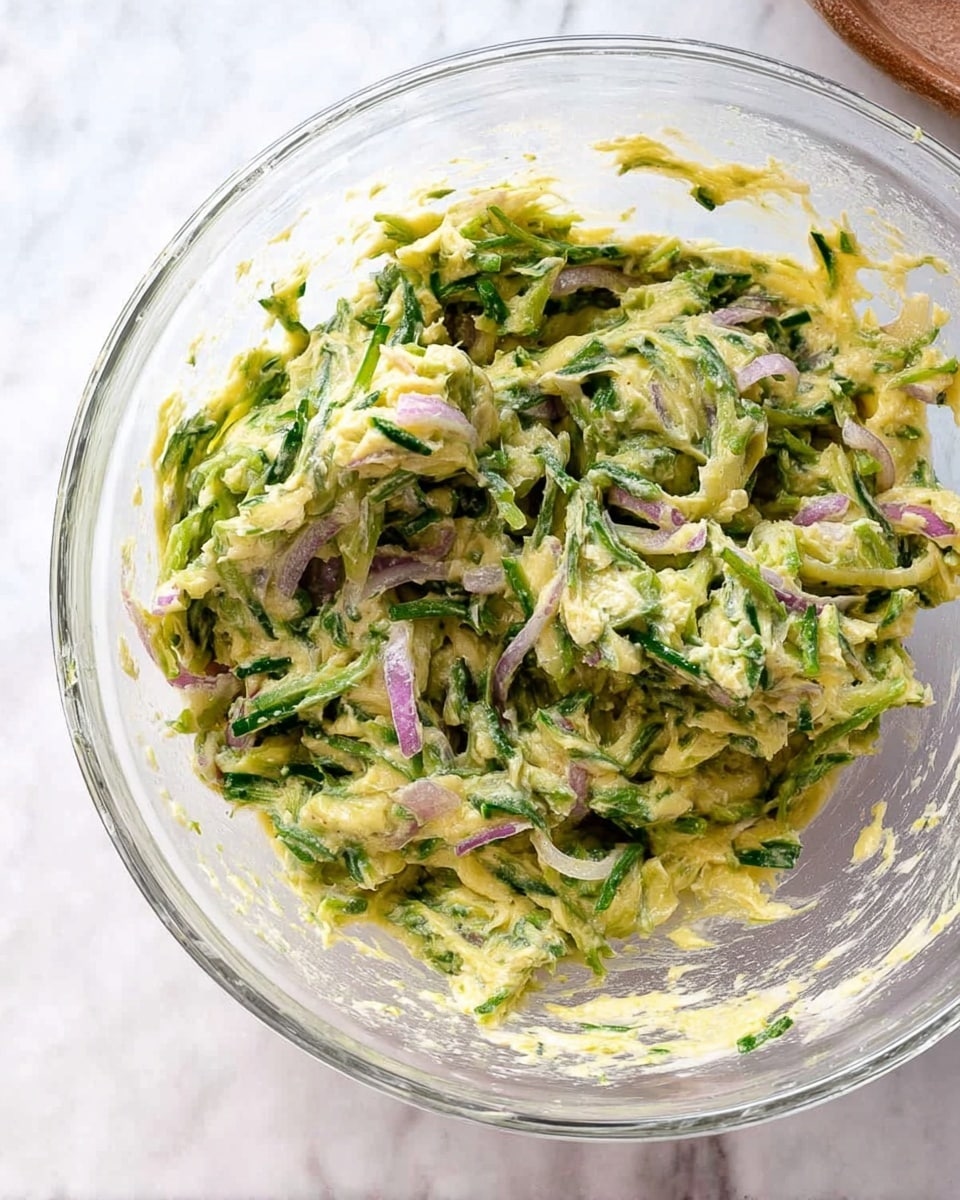 A clear glass bowl sits on a white marbled surface, filled with a mixed green and light yellow batter that contains thin pieces of green vegetable and thin slices of purple onion. The batter has a slightly chunky texture with visible bits of vegetable spread evenly throughout. On the right side of the image, a portion of the same mixture is on a white surface, showing the texture closer. Photo taken with an iphone --ar 4:5 --v 7