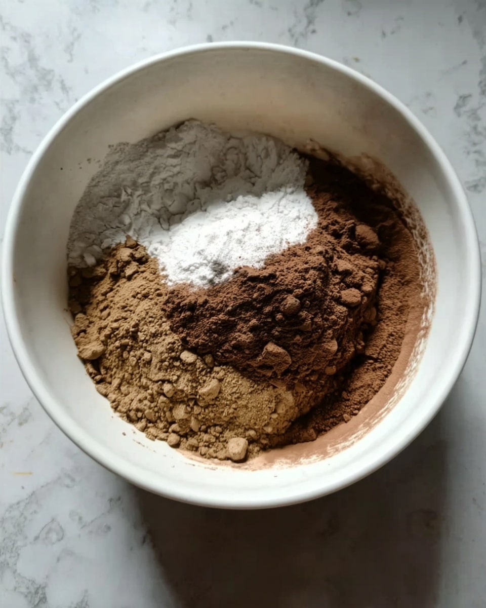 Inside a white bowl, there are three layers of dry ingredients: a layer of white powder on the left side, a thick mound of dark brown powder in the middle, and another smaller mound of lighter brown powder at the bottom. The powders have a fine, dusty texture and sit on a white marbled surface. photo taken with an iphone --ar 4:5 --v 7
