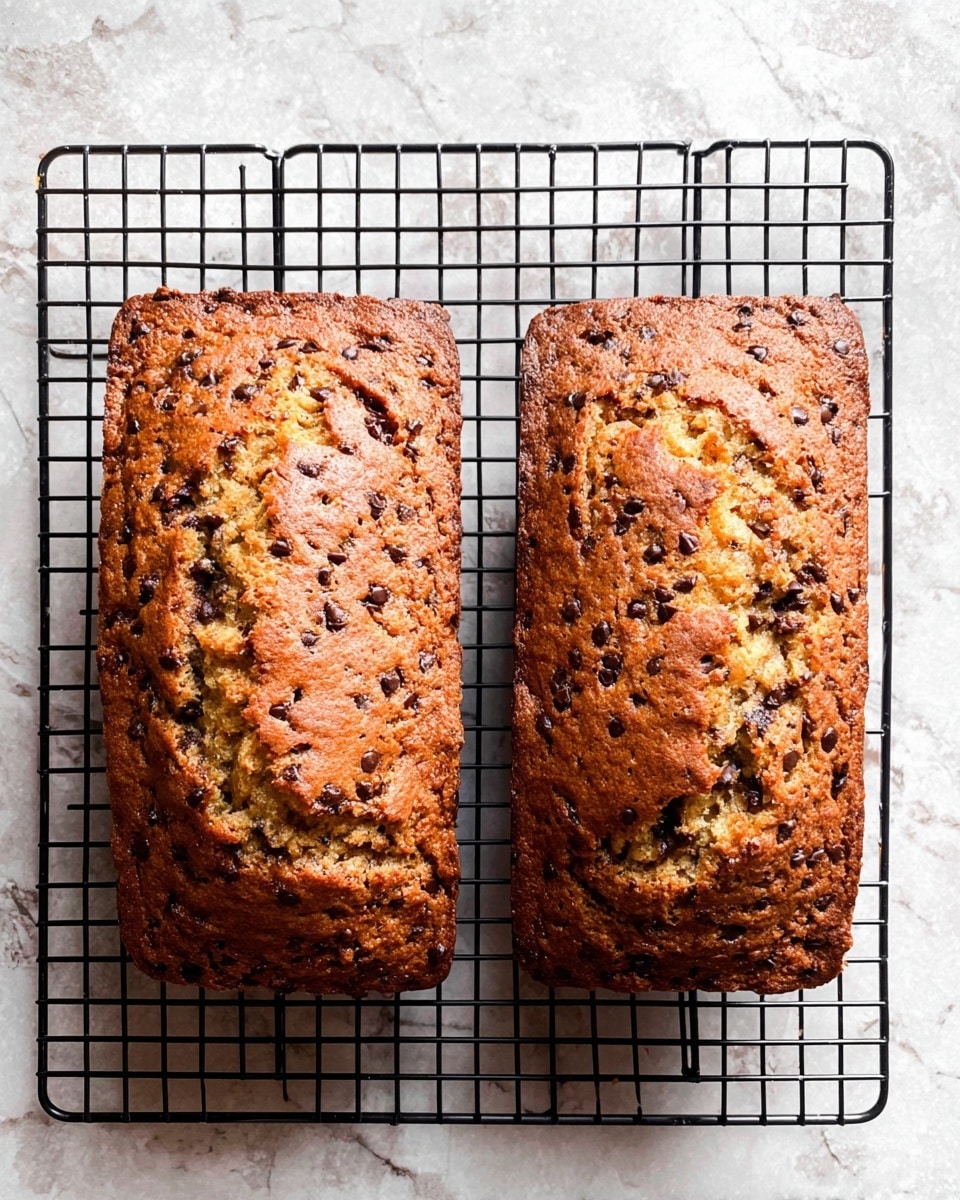 Two rectangular banana breads with a golden-brown crust and darker spots of chocolate chips are placed side by side on a black wire cooling rack. The surface of the breads is uneven with slight cracks and a textured look from the baked batter and chocolate chips inside. They rest on a white marbled textured surface. Photo taken with an iphone --ar 4:5 --v 7