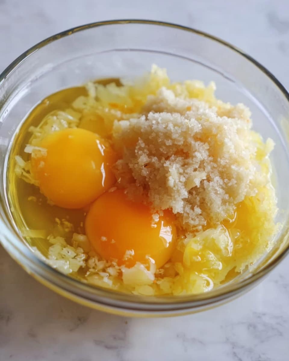 A clear glass bowl sits on a white marbled texture surface, filled with mixture layers. At the bottom, small cream-colored chunks create a rough texture, topped by bright yellow raw egg yolks scattered in the mix. Surrounding the yolks are thick, partially transparent, slightly runny yellow egg whites. On top of everything, there is a light brown, grainy powder sprinkled over the middle area, slightly blending into the yellow layers below. Photo taken with an iphone --ar 4:5 --v 7