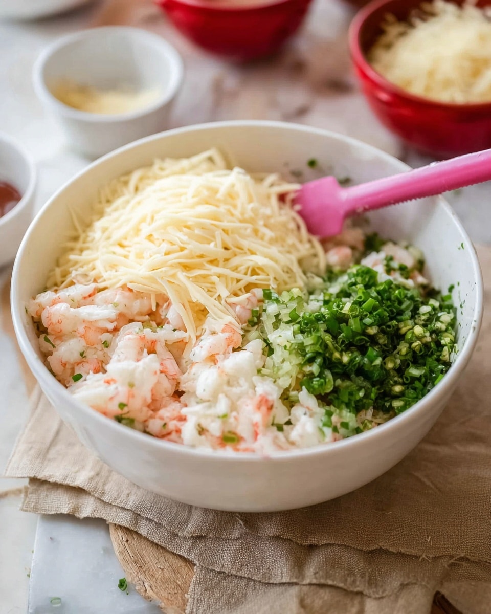 A white bowl sits on a beige cloth on a white marbled surface, filled with several visible layers. On the left, there is a pale yellow shredded cheese layer with soft, stringy texture. The middle layer is made of small, white and pinkish pieces that look like chopped seafood with a slightly moist texture. To the right, there is a mix of finely chopped green herbs and scallions with fresh, leafy texture. A pink spatula is placed inside the bowl, leaning to the right side. In the background, there are blurred small white bowls and a red bowl with shredded cheese on the same white marbled surface. Photo taken with an iphone --ar 4:5 --v 7