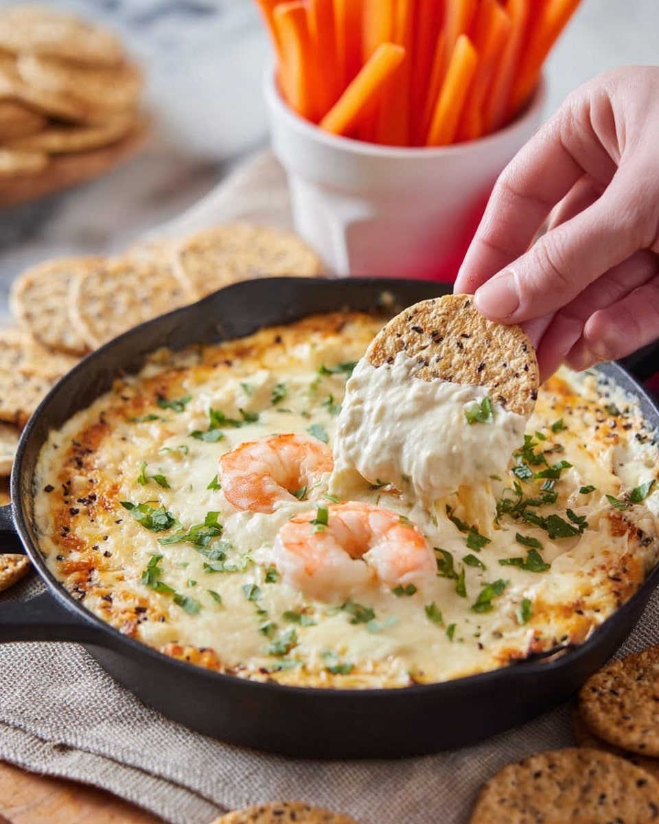 A black round pan filled with a creamy, white cheesy dip, sprinkled with green herbs on top. In the middle, two pink and white cooked shrimp sit on the surface. A woman's hand is dipping a rectangular cracker with seeds and grains into the thick dip, lifting some cheese and cream with it. Around the pan, more similar seeded crackers are placed on a beige cloth. In the background, a white cup filled with orange carrot sticks is visible, all set on a white marbled texture. photo taken with an iphone --ar 4:5 --v 7