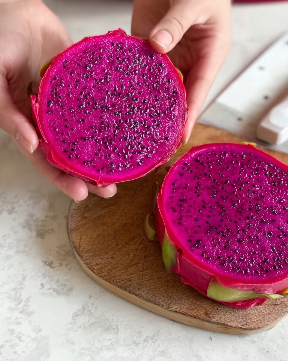 A close-up of a woman’s hands holding a round, bright pink slice of dragon fruit with small black seeds scattered evenly inside. Another similar round slice lies flat on a brown wooden board below. The edges of the fruit have pink and green skin, showing some texture. The background is a white marbled surface with a white knife visible on the right side. Photo taken with an iphone --ar 4:5 --v 7