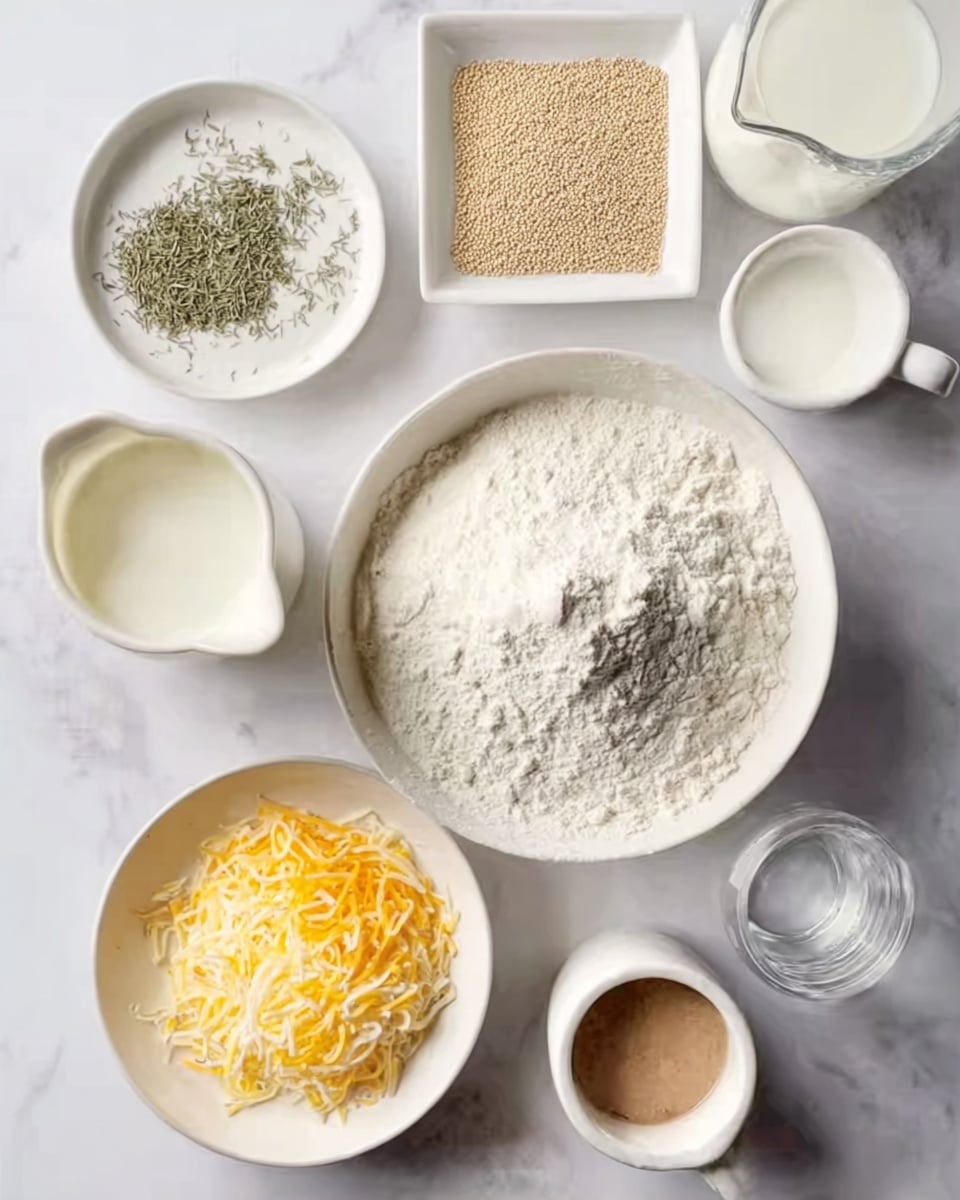 The image shows several white dishes and containers arranged on a white marbled surface. At the center is a large white bowl filled with white flour with a small clump in the middle. Below it is a white bowl containing two types of shredded cheese, one yellow and one pale yellow, placed side by side. To the top left is a small white plate with greenish dried herbs. Above it, a square white dish holds light brown yeast granules. To the right, there's a white jug with milk, and below it, a clear glass jug with a white liquid. At the bottom right is a white cup with a small amount of brownish powder or liquid inside. The setup looks ready for baking or cooking, all placed neatly. photo taken with an iphone --ar 4:5 --v 7