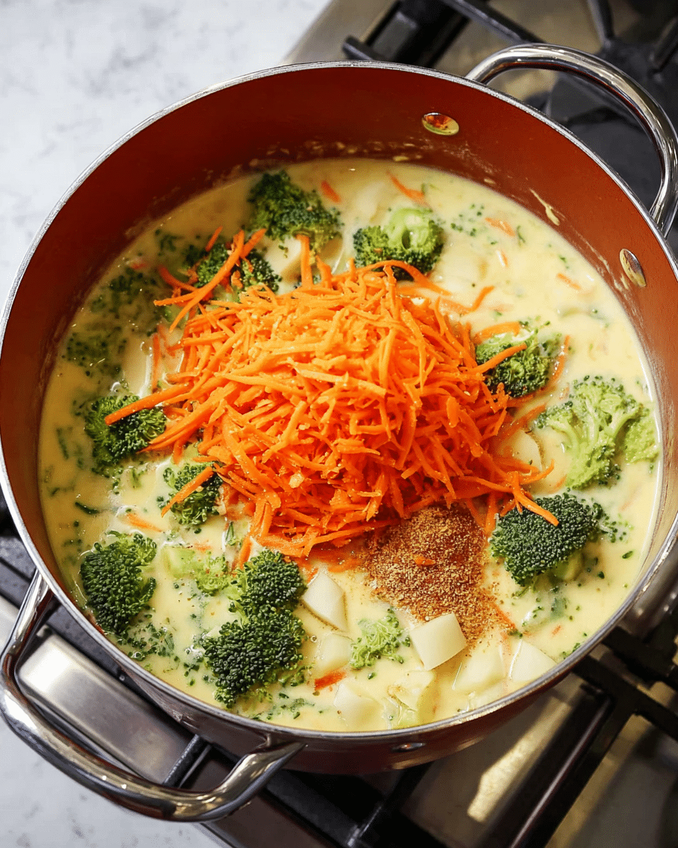 A large pot sits on a stove filled with a creamy, pale yellow soup base. Scattered around the pot are bright green broccoli florets partially submerged in the soup. On top, there is a heap of thin, shredded orange carrots forming a tall mound in the center. Near the carrots, small white cubes of potato or similar vegetable are floating in the soup. A light sprinkle of brown seasoning rests just below the carrot pile. The pot has a shiny reddish exterior and silver handles, and the stove surface shows metallic burners. The photo is taken from a close angle, focusing on the colorful mix inside the pot, with a white marbled surface faintly visible in the background photo taken with an iphone --ar 4:5 --v 7