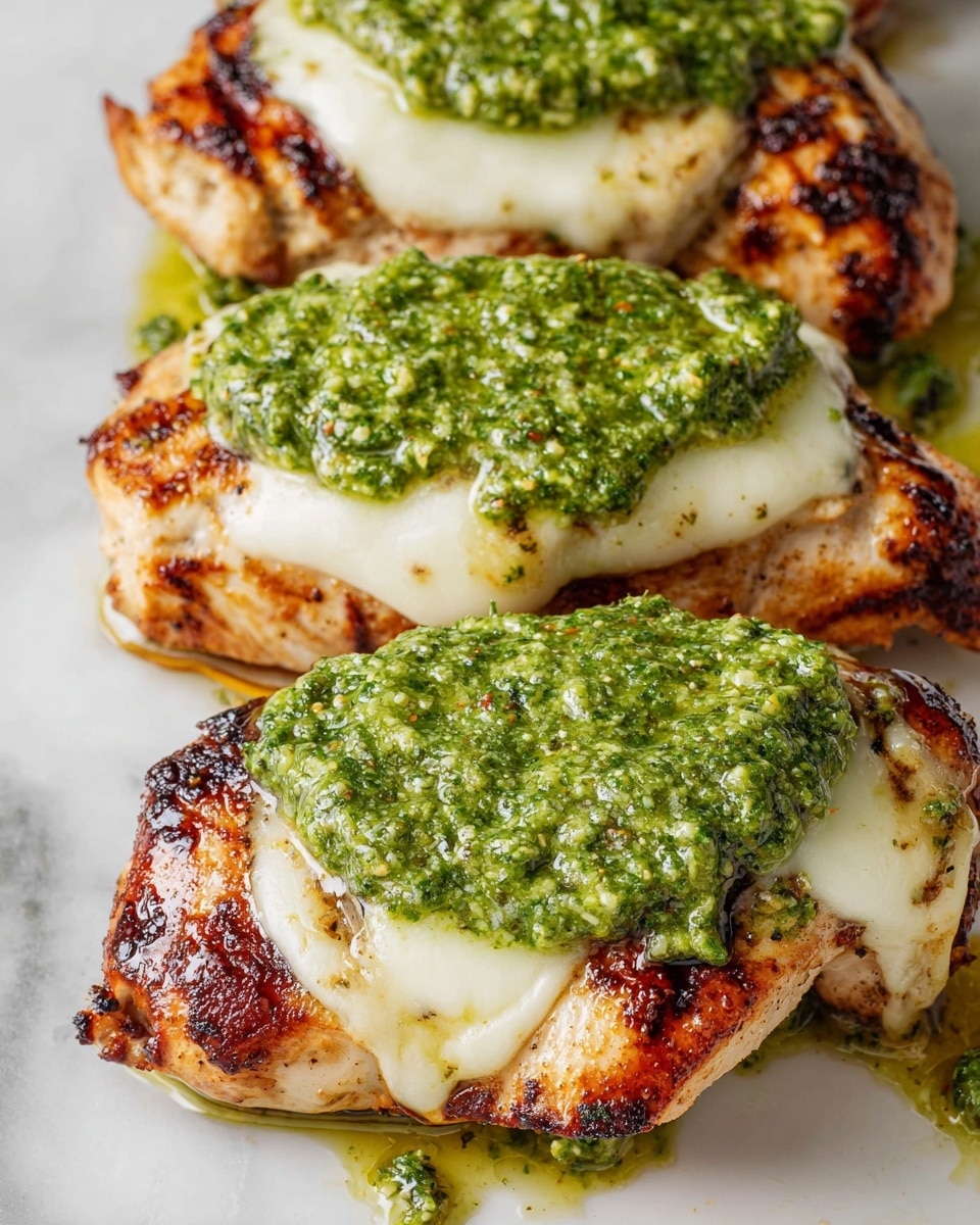 The image shows four grilled chicken pieces arranged closely on a white plate with a white marbled surface underneath. Each chicken piece forms the bottom layer, with a smooth, slightly melted white cheese layer on top. The final top layer on each is a thick, uneven spread of bright green pesto sauce with a coarse texture and visible oil sheen. The chicken has a browned, slightly charred look with grill marks, contrasting with the creamy cheese and vibrant green pesto photo taken with an iphone --ar 4:5 --v 7