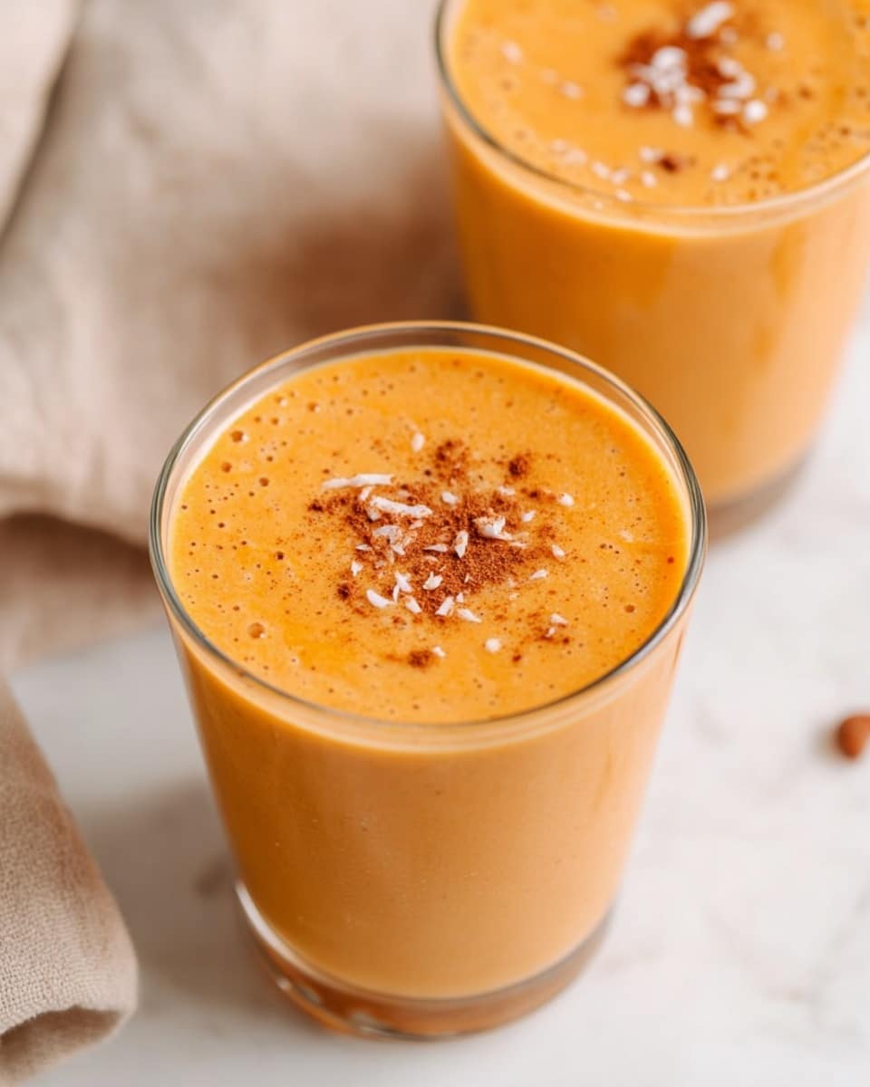 The image shows two glasses filled with a smooth orange drink, each topped with a light sprinkle of brown powder and small white flakes. The drink looks creamy with tiny bubbles on its surface. The glasses are clear and simple, placed on a white marbled surface with a soft beige cloth in the background. One glass is in full view with the other slightly blurred behind it. Photo taken with an iphone --ar 4:5 --v 7