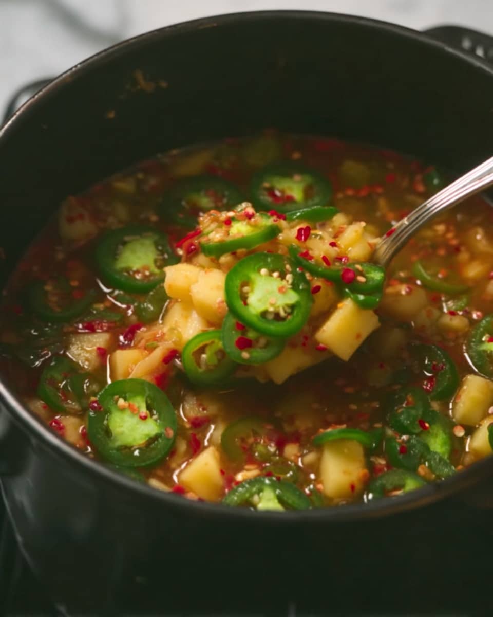 The image shows a close-up of a black pot filled with a chunky, colorful stew. The stew has two main visible layers: the bottom layer is made of small, light yellow diced pieces, which are soft and juicy in appearance, while the top layer has bright green slices of jalapeño peppers scattered evenly on top. The stew is slightly watery with red chili flakes sprinkled throughout, adding bright red specks over the yellow and green. A spoon is inside the pot, lifting some of the mixture, showing both diced yellow pieces and green jalapeño slices held together. The scene is set on a white marbled surface, highlighting the vivid colors of the dish photo taken with an iphone --ar 4:5 --v 7