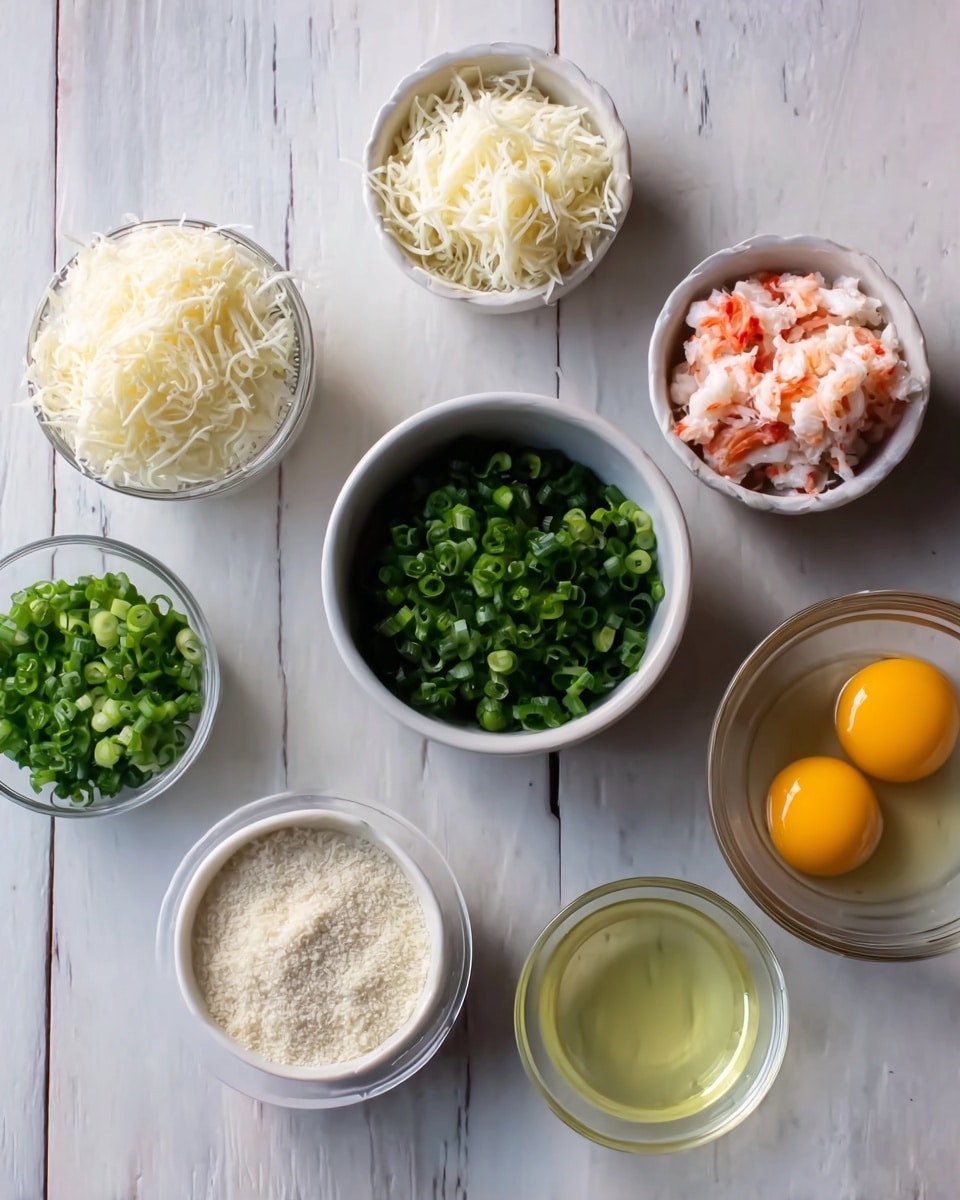 The image shows eight small white bowls arranged on a white marbled surface, each containing different ingredients. Starting from the top left, there is a bowl filled with shredded white cheese, next to it a bowl of finely chopped pink and white crab meat. Below those, a larger bowl holds dark green chopped spring onions, and next to it is a smaller bowl with lighter green chopped spring onions. On the bottom row, from left to right, there is a bowl with fine white breadcrumbs, a tiny bowl with light yellow oil, and a clear glass bowl containing two bright yellow egg yolks. All the bowls are placed neatly without overlap, clearly showing the textures and colors of each ingredient photo taken with an iphone --ar 4:5 --v 7