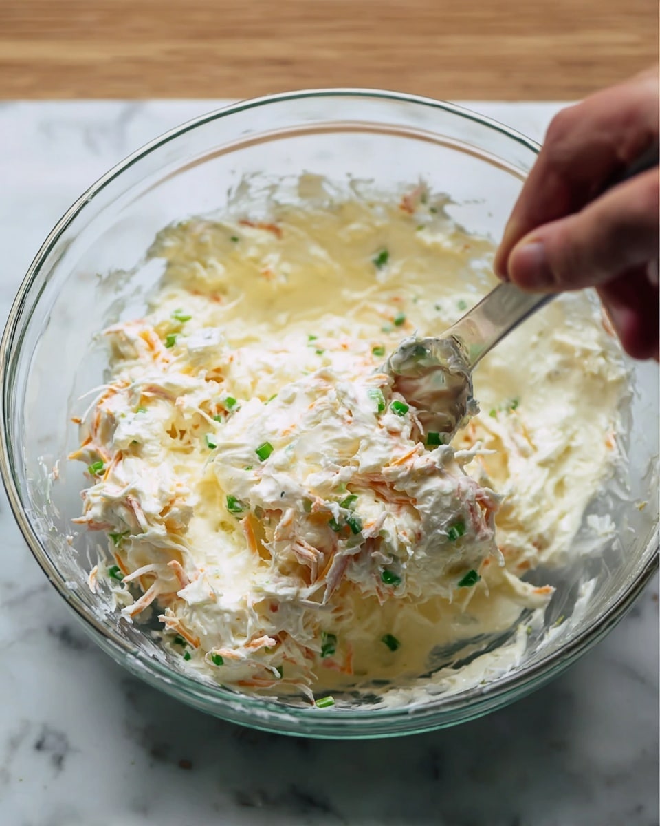 The image shows a clear glass bowl filled with a creamy, white mixture that has visible small orange and green bits throughout. The mixture looks soft and fluffy, with a slightly uneven texture. The small orange pieces seem shredded, and the green bits are tiny chopped pieces that are spread evenly inside the mixture. A woman's hand is holding a stainless steel spatula stirring or folding the mixture. The bowl sits on a white marbled surface. photo taken with an iphone --ar 4:5 --v 7