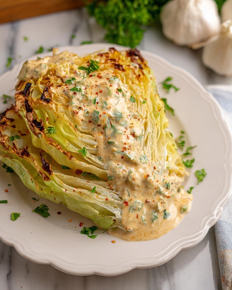 The dish shows a wedge of green cabbage with layers of light green and pale yellow leaves stacked and covered in a creamy, light tan sauce with small green herb pieces scattered on top. The cabbage wedge has some charred, browned edges adding texture, and the sauce looks thick with specks of red and black pepper mixed in. Small green parsley leaves are sprinkled over the cabbage and sauce for color contrast. This is all placed on a white plate with scalloped edges, and the background is a white marbled surface with a few garlic bulbs and parsley leaves visible around the plate. photo taken with an iphone --ar 4:5 --v 7