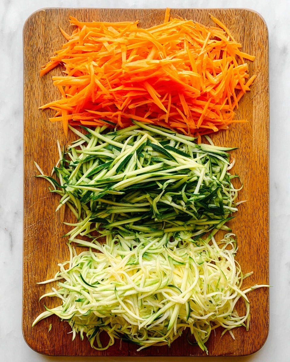 The image shows a wooden cutting board on a white marbled surface filled with three piles of thinly sliced vegetables. The top pile is bright orange, consisting of thin carrot strips. Below that, there is a pile of medium green cucumber strips finely shredded, and at the bottom, there is a pile of pale green zucchini strips cut into thin julienne shapes. The three layers cover the board horizontally with a clear separation between each vegetable. Photo taken with an iphone --ar 4:5 --v 7