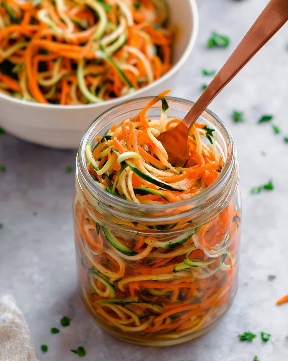 A clear glass jar filled with thin spirals of bright orange carrots and pale green zucchini, mixed together evenly to show their vibrant colors and fresh texture. Inside the jar, a copper-colored fork is inserted, mixing the vegetables, with its handle leaning out to the right side. In the background, there is a white bowl filled with the same spiralized carrot and zucchini vegetable mixture, partially visible at the upper left corner, all set on a white marbled textured surface with small green herb pieces scattered around. The image is close-up and sharp, focusing on the fresh, colorful vegetable strands photo taken with an iphone --ar 4:5 --v 7