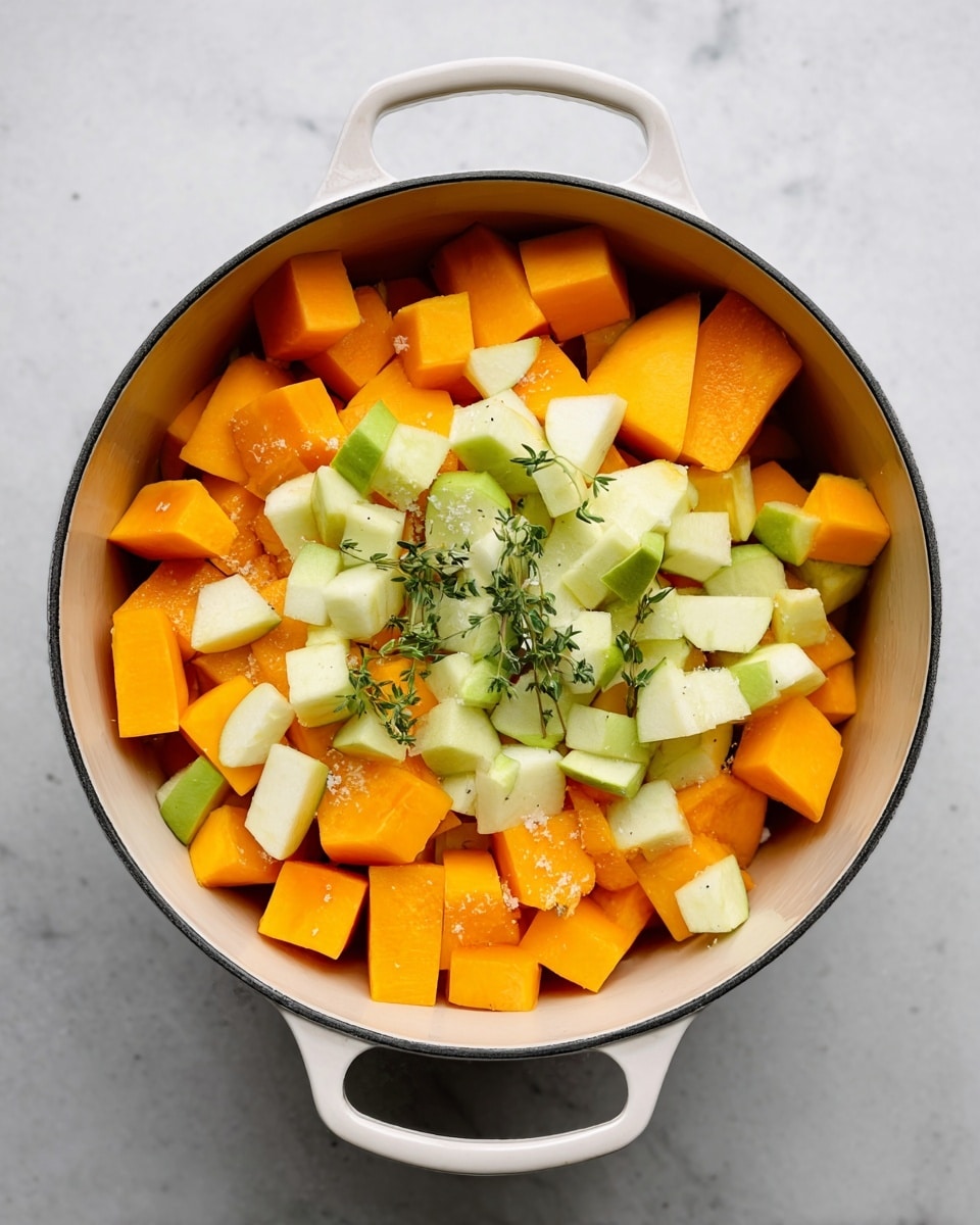 A white cooking pot filled with three layers of diced ingredients sits on a white marbled surface. The bottom layer is made up of large orange cubes of squash, bright and smooth in texture. On top of the squash, there is a layer of small pale green apple cubes with bits of skin attached, showing a fresh and crisp look. Scattered over the fruit layers are small sprigs of fresh green herbs and a sprinkling of white granulated sugar. The pot's handles are visible on both sides, adding a clean frame to the colorful mix inside. photo taken with an iphone --ar 4:5 --v 7
