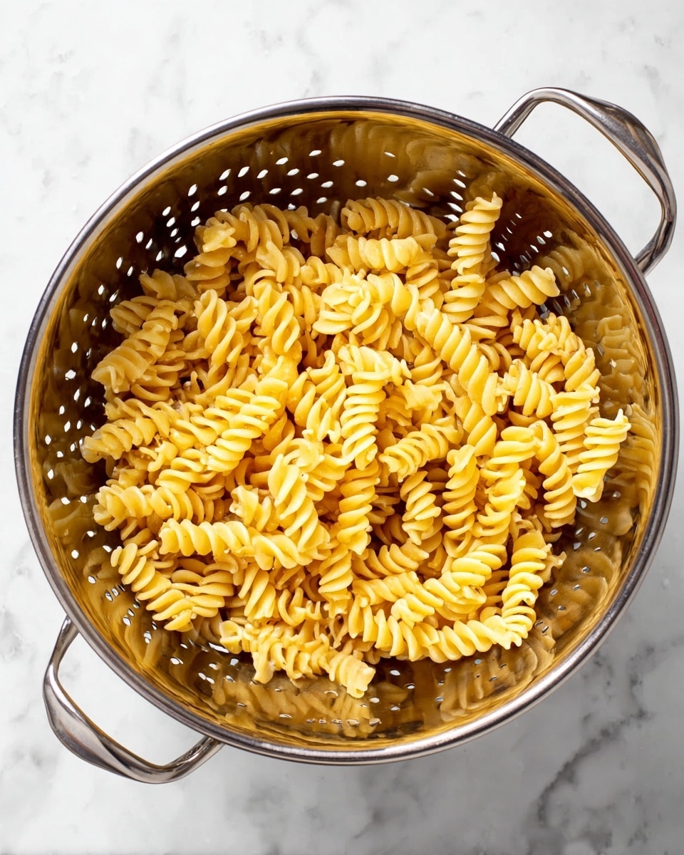 A close-up top view of a metal colander filled with cooked yellow spiral pasta, the colander has small round holes and two handles on the sides, all placed on a white marbled surface, the pasta looks soft and slightly shiny with no additional ingredients visible photo taken with an iphone --ar 4:5 --v 7