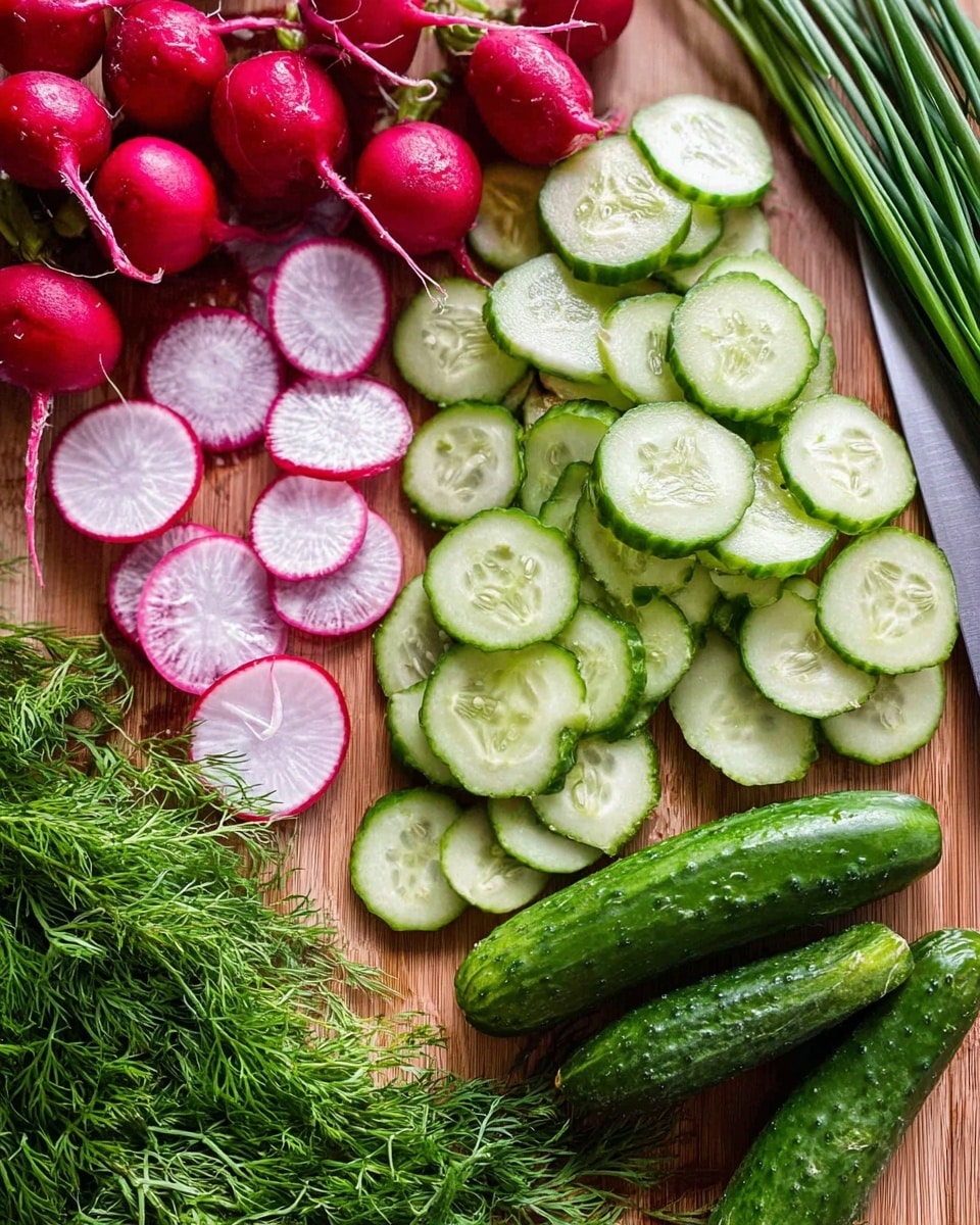 The image shows a wooden board with fresh sliced radishes and cucumbers. There are whole round radishes with red skin and white inside, partially sliced into thin round pieces spread on the top left. To the right, there are many green cucumber slices with soft, watery texture, along with two whole cucumbers at the bottom right. Green chives lay above the cucumber slices on the right side. Bright green dill, with feathery leaves, covers the bottom left corner. A silver knife is partially visible at the bottom right corner, resting on the wooden board. The whole scene is bright and fresh with natural colors. Photo taken with an iphone --ar 4:5 --v 7