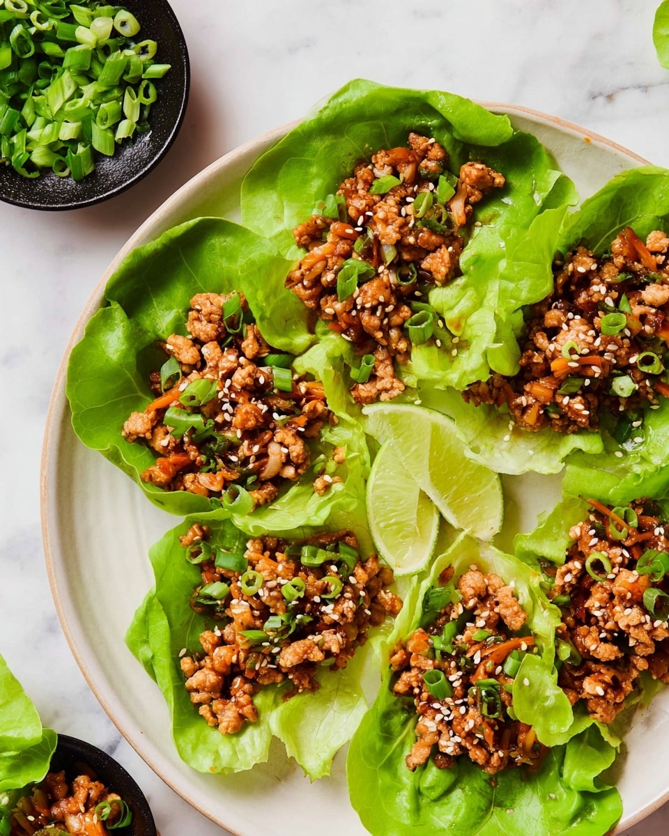The image shows several green lettuce cups arranged closely on a white plate, each filled with small pieces of cooked minced meat mixed with diced vegetables in warm brown and orange tones. The filling is speckled with white sesame seeds and small green onion slices, giving it a fresh look. The crisp lettuce leaves have a vibrant light green color with a smooth texture, slightly curled edges holding the filling inside. The plate is placed on a white marbled surface, and the focus is on the front lettuce cup, with the rest softly blurred in the background. photo taken with an iphone --ar 4:5 --v 7