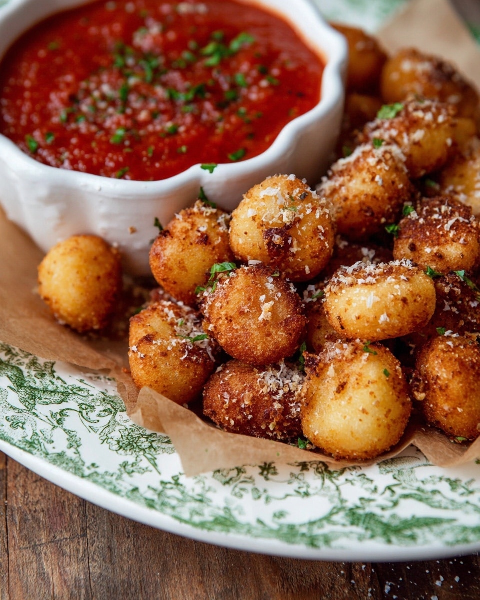 The image shows a close-up of a white plate with a green floral pattern at the edge, holding many small round golden-brown fried pieces sprinkled with a mix of coarse salt and green herbs. There is a layer of brown parchment paper under the fried pieces. Behind them is a white bowl filled with red tomato sauce topped with bits of green herbs. The plate is placed on a wooden surface, and the overall look feels warm and inviting. photo taken with an iphone --ar 4:5 --v 7