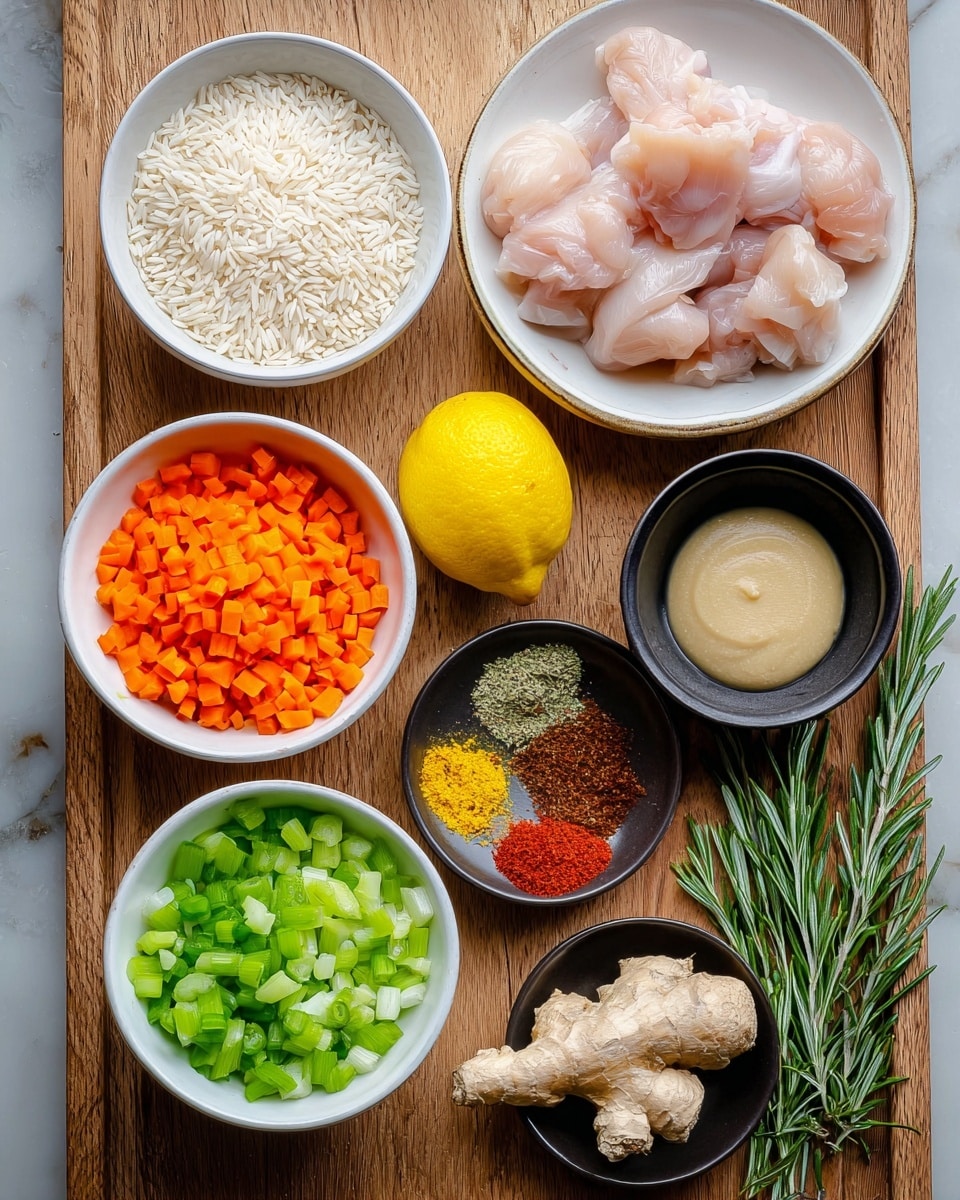 The image shows a wooden tray holding several bowls and items arranged neatly. There are six white bowls filled with different ingredients: one with long white rice grains, another with finely chopped orange carrots, one with chopped green celery, one with diced white onions, a black bowl with three piles of spices in red, yellow, and green colors, and another black bowl with two dollops of a light beige paste. On a white plate, there are five raw pieces of pink chicken placed to the top right. Also placed on the tray are a whole yellow lemon, a bulb of garlic, a piece of ginger, and a sprig of green rosemary. The tray sits against a white marbled texture background. photo taken with an iphone --ar 4:5 --v 7