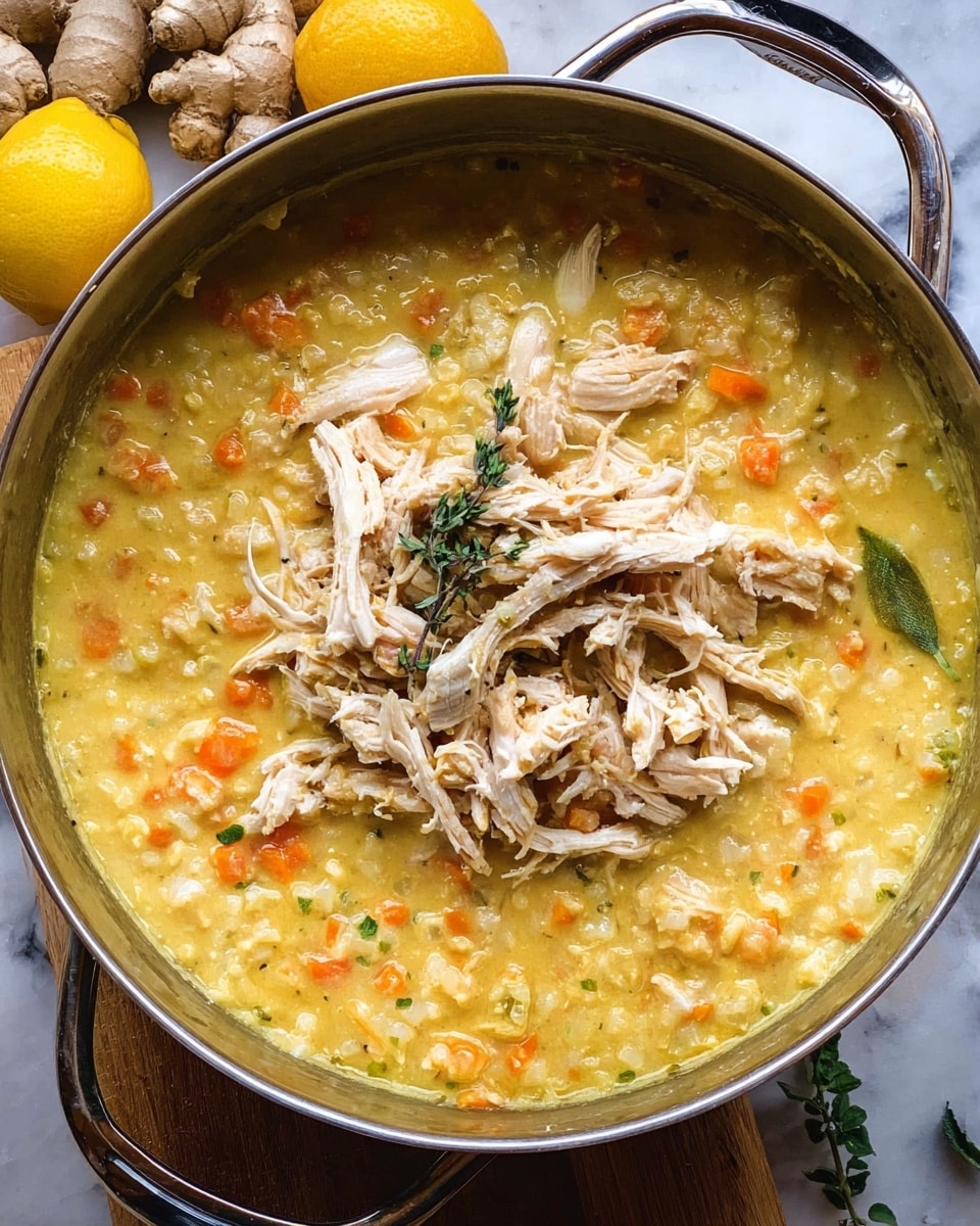 A large silver pot filled with a thick creamy soup base that has small orange carrot cubes and tiny white grain pieces visible throughout. On top of the soup, there is a generous heap of shredded light beige chicken layered in the center, with fibrous texture and some larger chunks around the edges. The pot sits on a white marbled surface, with garlic bulbs, ginger root, and whole lemons around it. photo taken with an iphone --ar 4:5 --v 7