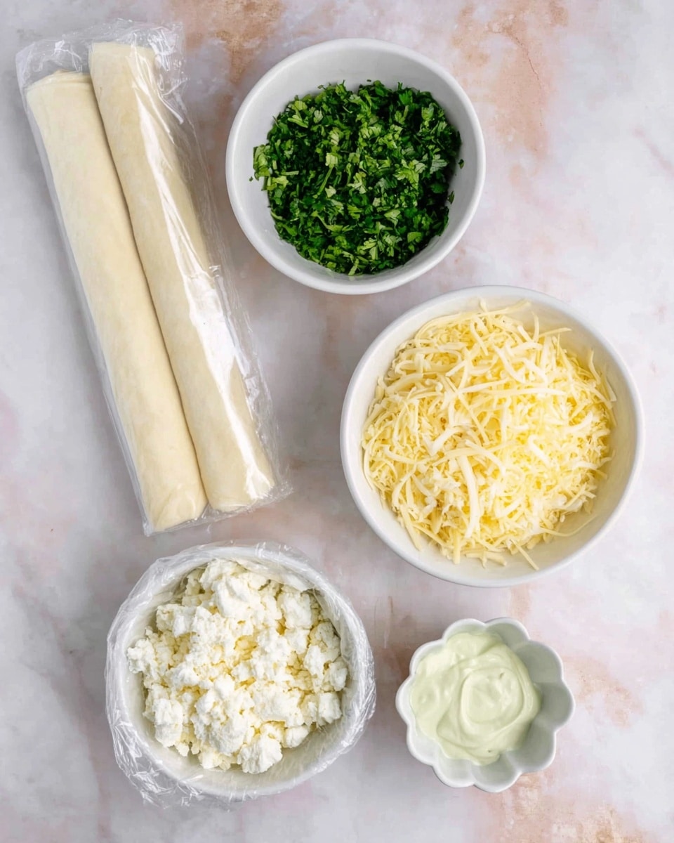 The image shows a white marbled surface with four white bowls and two wrapped sheets of dough. The top left bowl has bright green chopped herbs. Next to it, on the right, is a bowl filled with pale yellow shredded cheese. Below the cheese, there is a bowl of crumbly white cheese. At the bottom right, there is a small flower-shaped white bowl holding a creamy light green sauce or dip. On the left side of the bowls, there are two rectangular white dough sheets stacked and wrapped in clear plastic. photo taken with an iphone --ar 4:5 --v 7