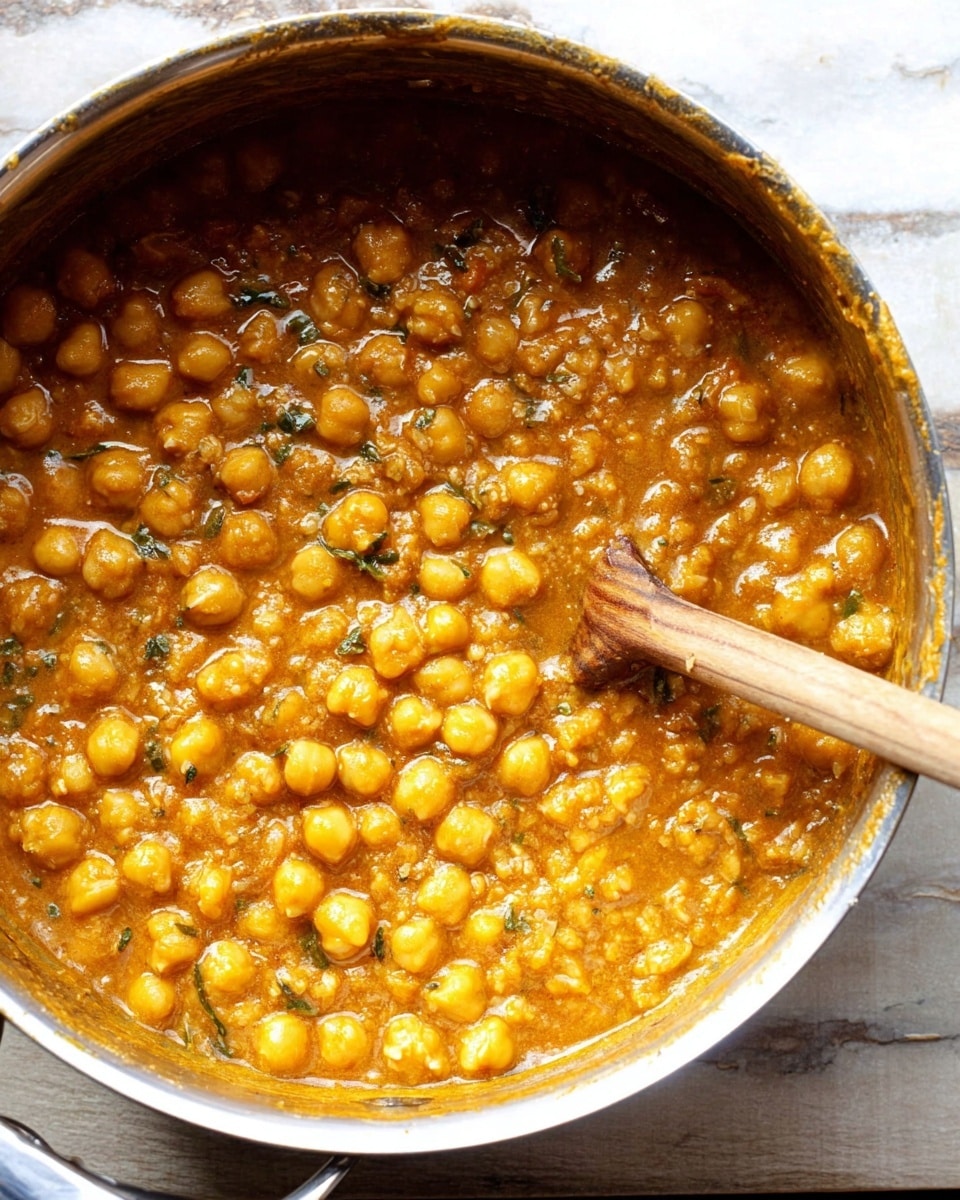 A close-up view of a large silver pot filled with thick chickpea curry, showing two layers: the bottom with whole, soft chickpeas in a rich, orange-brown sauce and the top with a slightly thicker, textured sauce mixed with small bits of herbs, all stirred by a wooden spoon resting inside the pot. The pot is placed on a white marbled surface. photo taken with an iphone --ar 4:5 --v 7