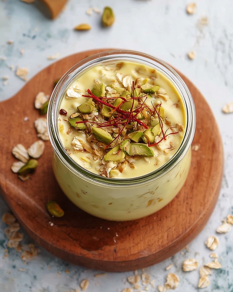 A glass jar is filled with a creamy, light yellow liquid mixed with oats, which create a textured layer inside. On top, there is a layer of green sliced nuts, likely pistachios, scattered unevenly, along with thin red saffron strands placed gently over the oats. The jar is placed on a round wooden board that rests on a white marbled surface with a few oat flakes scattered around. Photo taken with an iphone --ar 4:5 --v 7