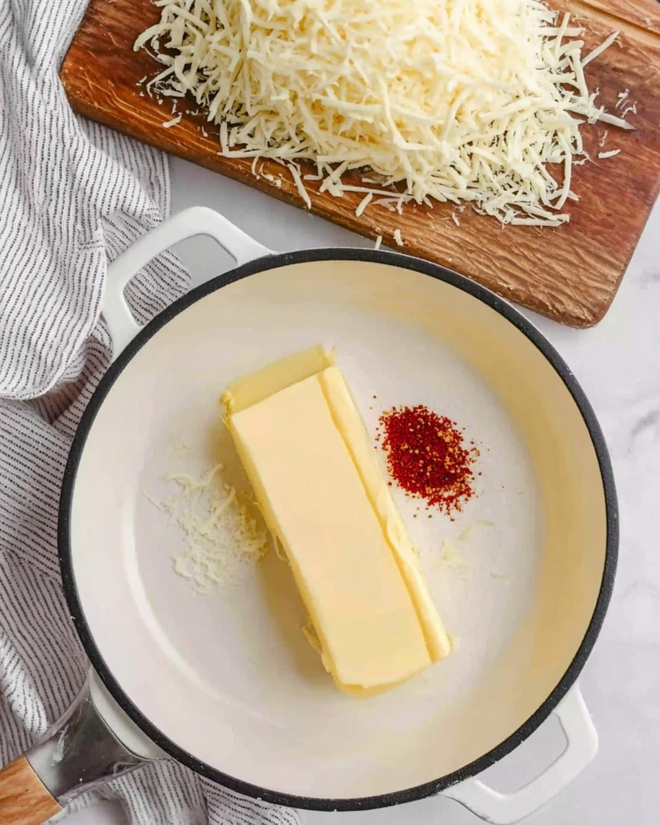 A white pan with a black rim is placed on a white marbled surface. Inside the pan, there is one stick of yellow butter lying flat in the center, with small piles of white salt and red chili powder on top of it. Behind the pan, there is a wooden board holding a pile of shredded white cheese with visible texture. A light gray and white striped cloth is partially visible under the wooden board and the pan. Photo taken with an iphone --ar 4:5 --v 7