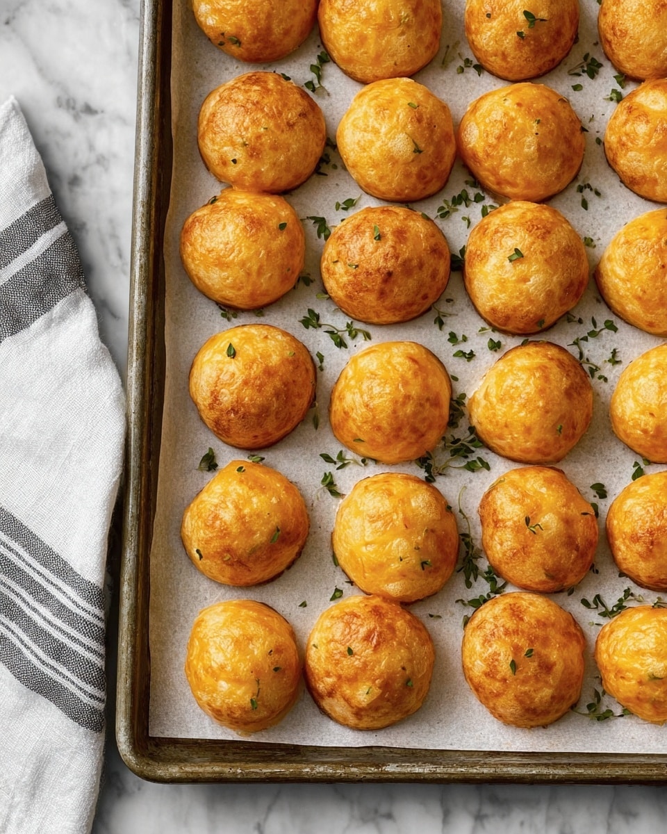 The image shows a metal baking tray lined with white parchment paper, filled with 24 golden brown round cheese puffs arranged in a grid of four rows and six columns. Each cheese puff is slightly glossy and has a smooth, puffy texture with a round shape and a warm orange-brown color. Small sprigs of green herbs are sprinkled lightly across the baking tray, adding a touch of color contrast. A white cloth with gray stripes is partially visible on the left side of the tray, and the background is a white marbled texture. photo taken with an iphone --ar 4:5 --v 7