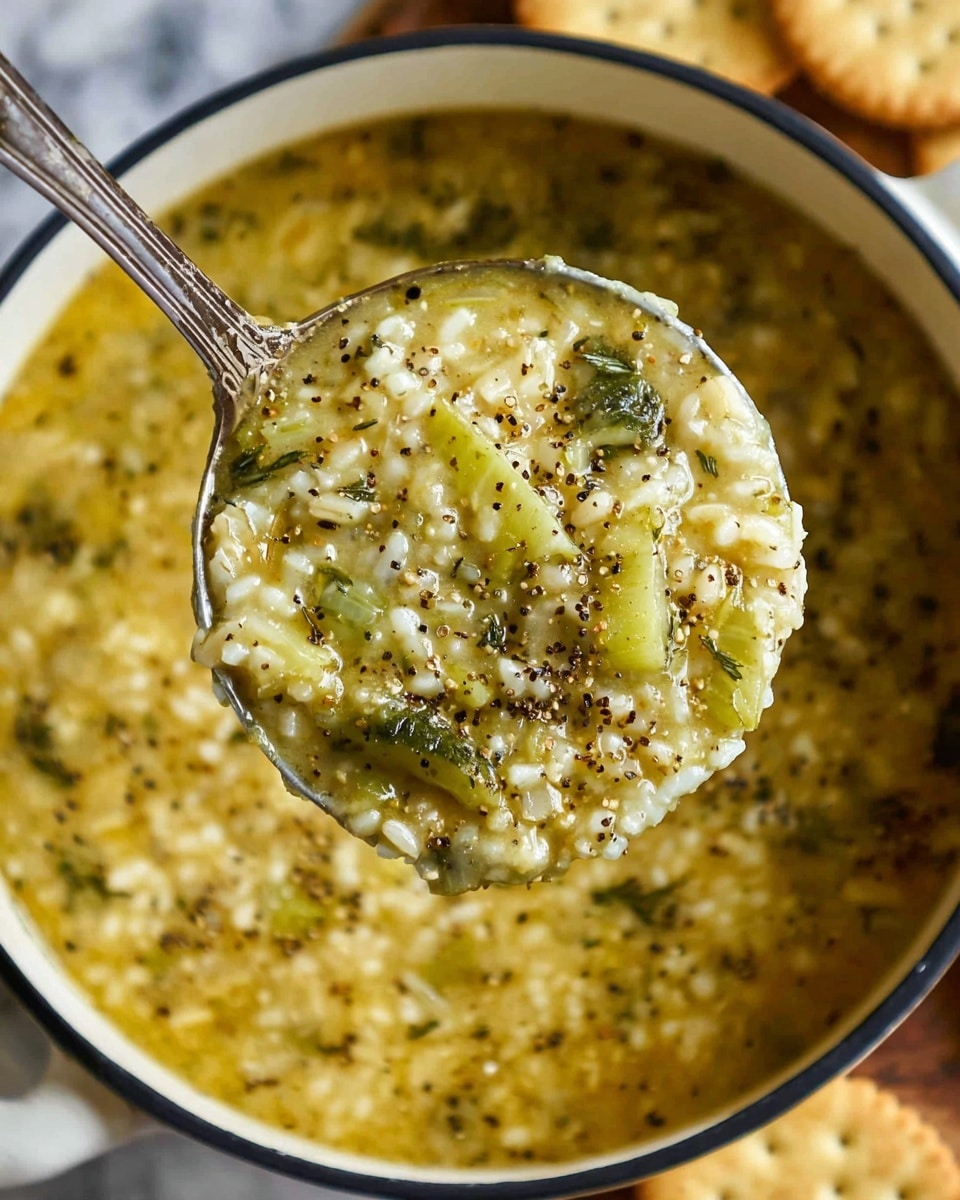 A close-up view of a thick soup in a white pot with a dark rim, held by a silver ladle lifting a large scoop. The soup consists of creamy, pale yellow grains, small pieces of green vegetables, and visible black pepper specks, all mixed in a thick, slightly oily broth. The soup texture is chunky and creamy with a mix of soft grains and vegetables. The background shows more of the soup inside the pot and some round crackers on a wooden surface covered with a white marbled texture. Photo taken with an iphone --ar 4:5 --v 7